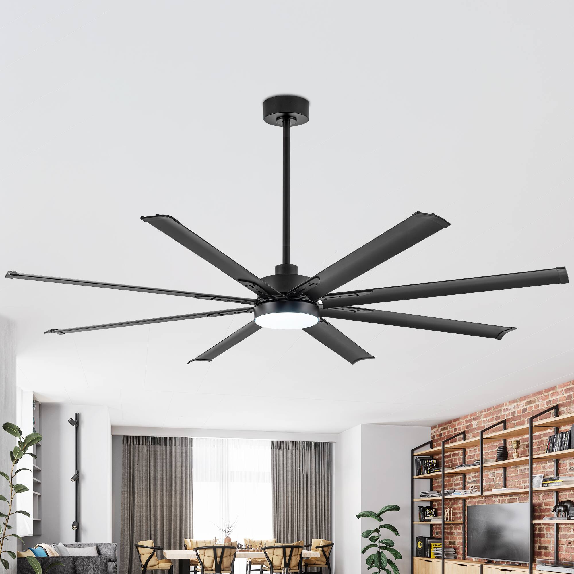 Back. Breezary - 72-In Large Ceiling Fan with 8 Aluminum Blades, DC Motor, 6-Speed Remote with Timer, 2 Downrods, Light/No Light Option - Black (With Light).