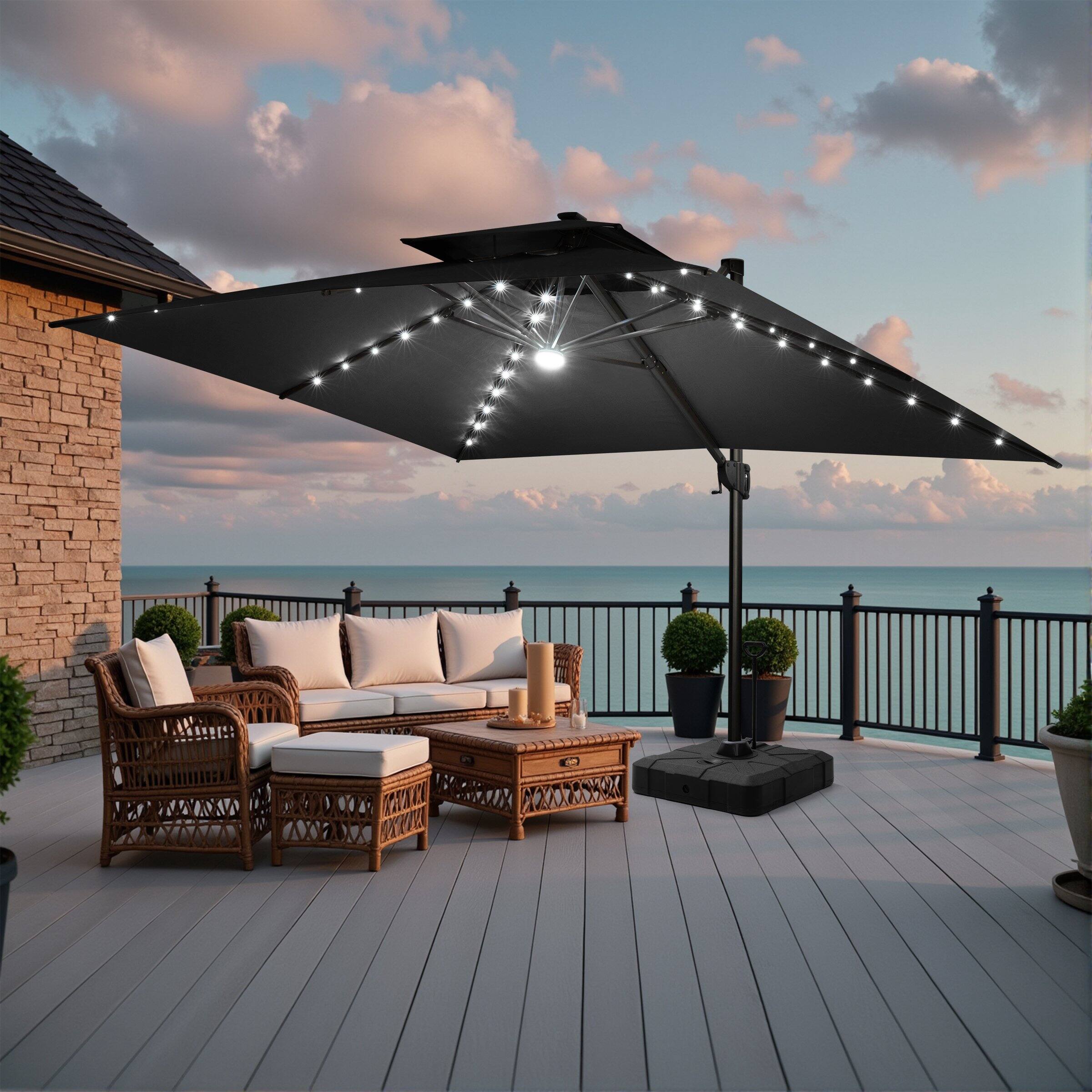 Angle. Crestlive Products - Crestlive Products 10x13ft Aluminum Double Top Crank Cantilever Patio Umbrella with Lights with Base - Black.