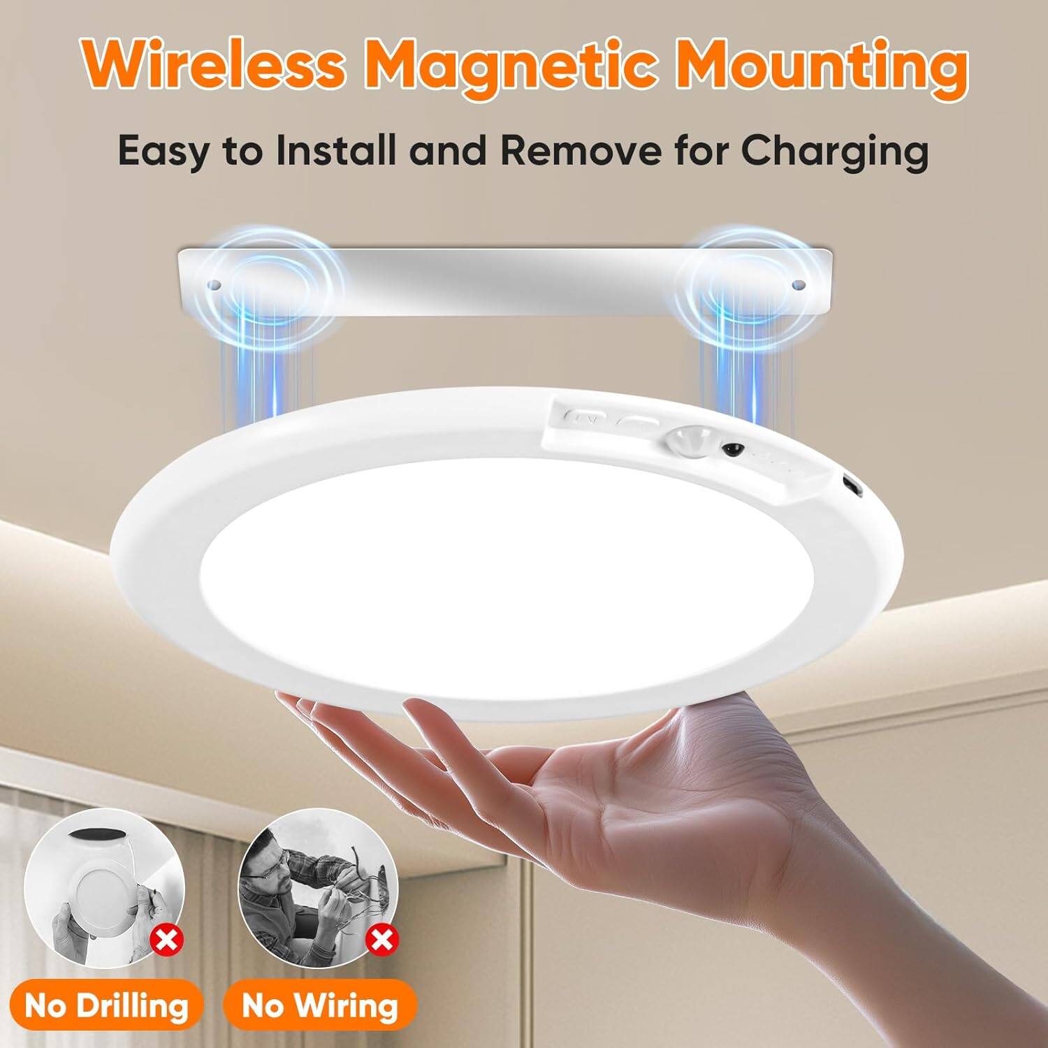 Wireless Magnetic Mounting  
Easy to Install and Remove for Charging  

No Drilling  
No Wiring
