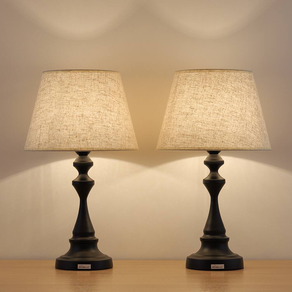 Back. Oumilen - Black Table Lamp with Beige Fabric Shade, E26 Socket & UL Plug.