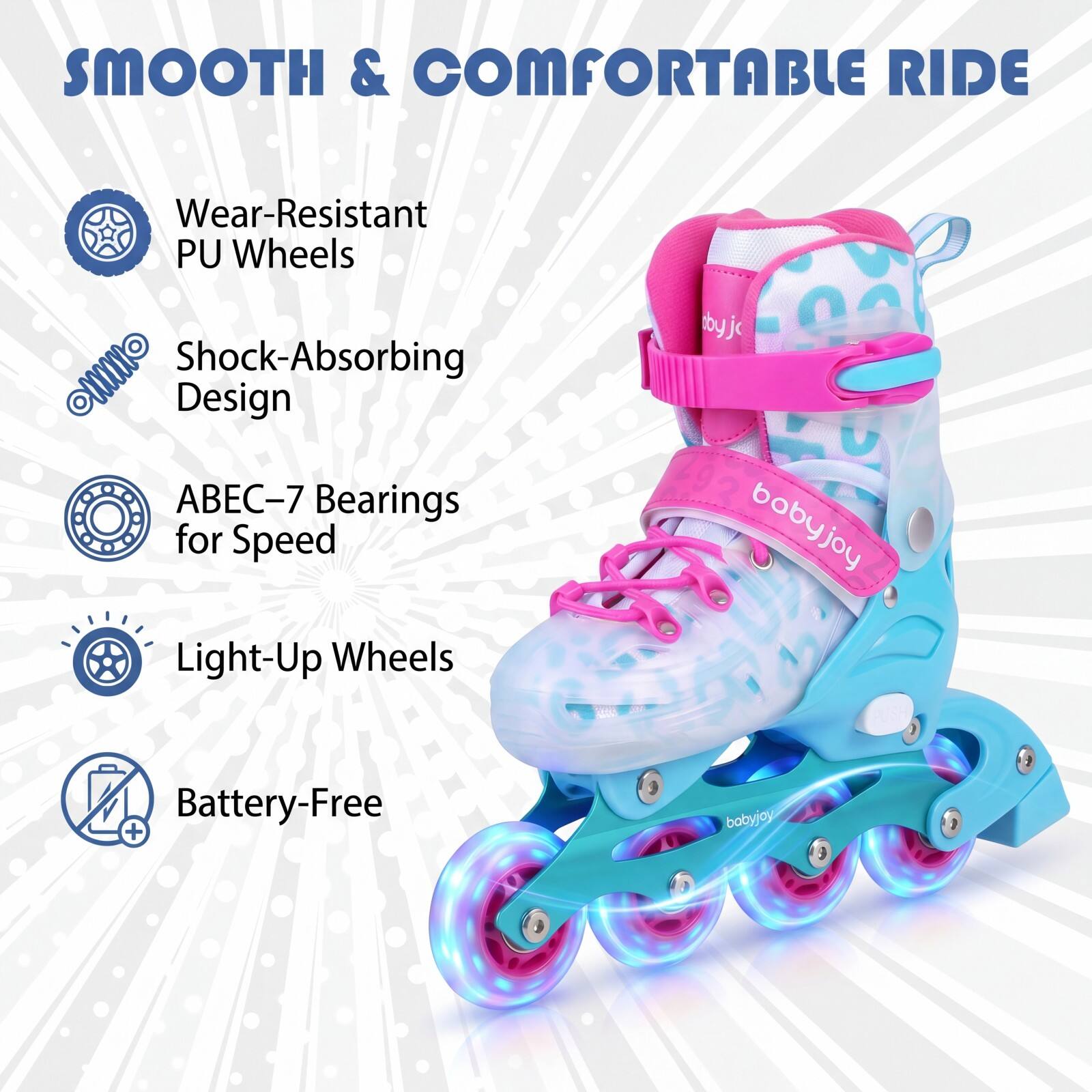 SMOOTH & COMFORTABLE RIDE

- Wear-Resistant PU Wheels
- Shock-Absorbing Design
- ABEC-7 Bearings for Speed
- Light-Up Wheels
- Battery-Free

babyjoy