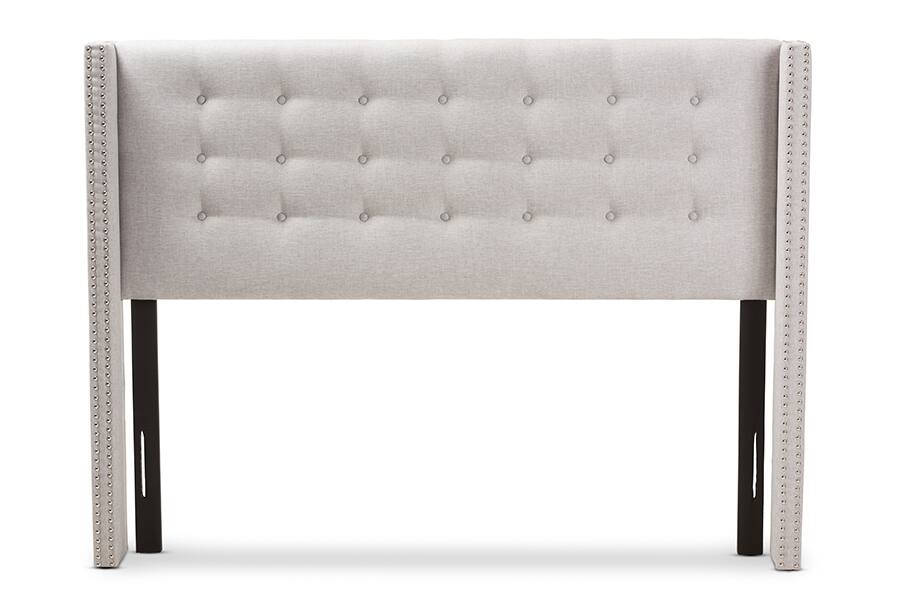 Angle. Baxton Studio - Ginaro Modern And Contemporary Fabric Button-Tufted Nail head Queen Size Winged Headboard - Greyish Beige.