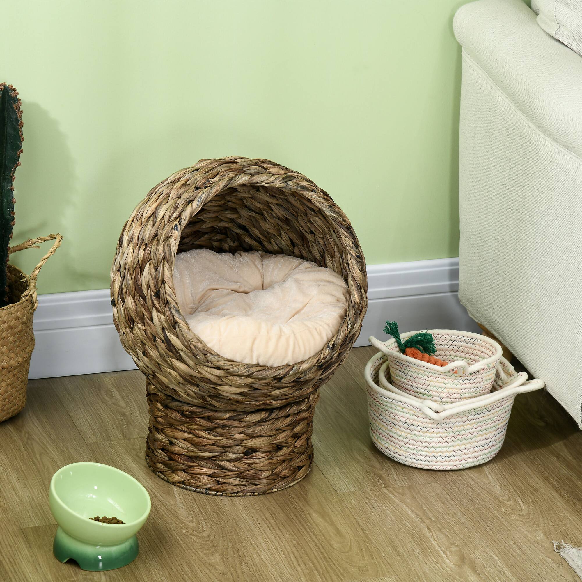 Alt View 4. Pawhut - Handwoven Elevated Cat Bed, Soft Cushion, Cat Egg Chair Shape, with Stand, Raised Wicker, Indoor, 20.5" H.