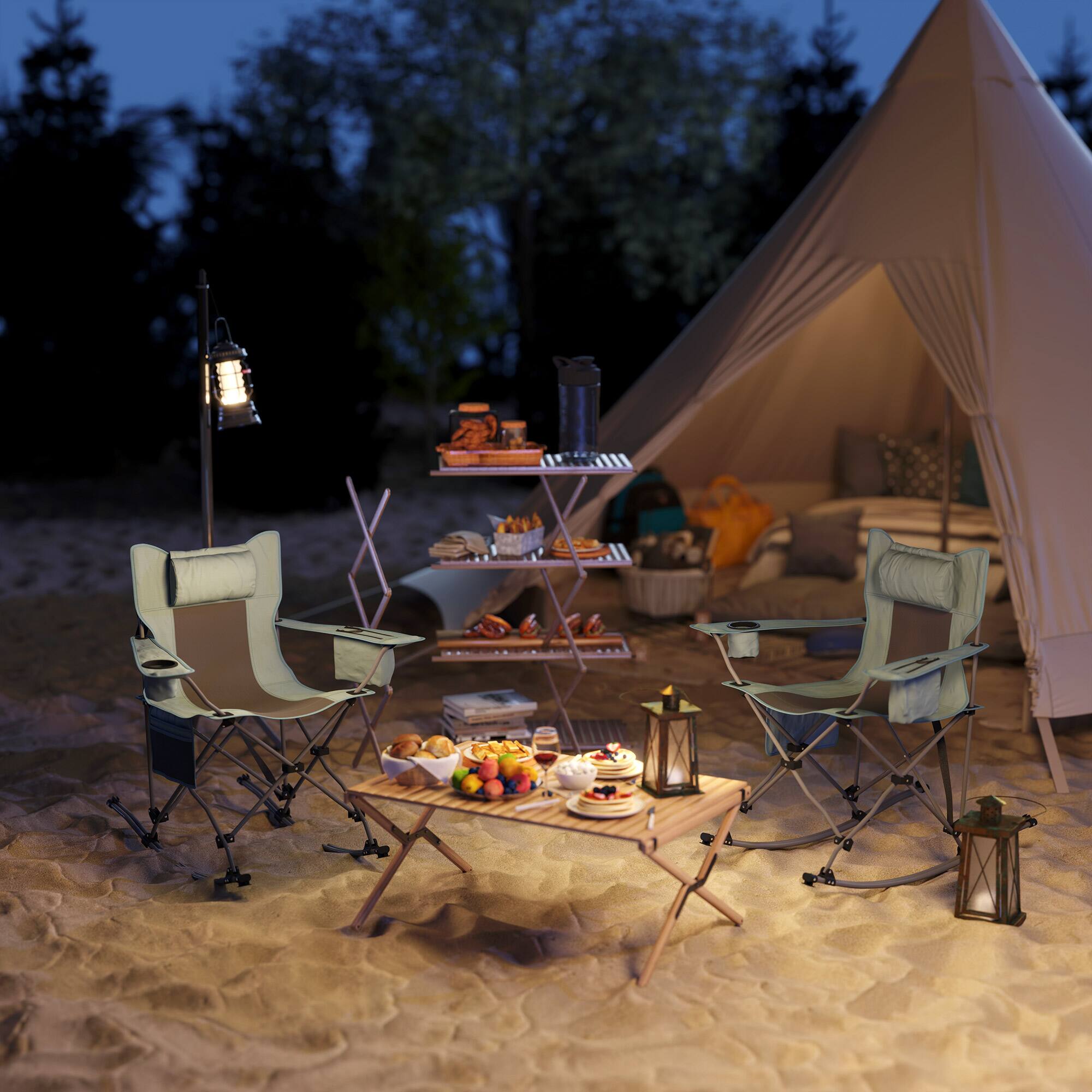 Alt View 1. Outsunny - Folding Rocking Camping Chairs for Adults, Portable Outdoor Rocking Chairs with Headrest, Cooler Bag, Cup Holder - Gray.