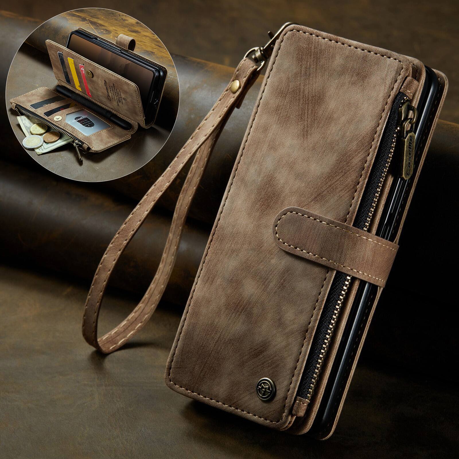 Angle. Dteck - For Samsung Galaxy Z Fold8 Ultra Premium Leather Shockproof Purse Case Card Slots Zipper Pocket Cover + Wrist Strap - Brown.