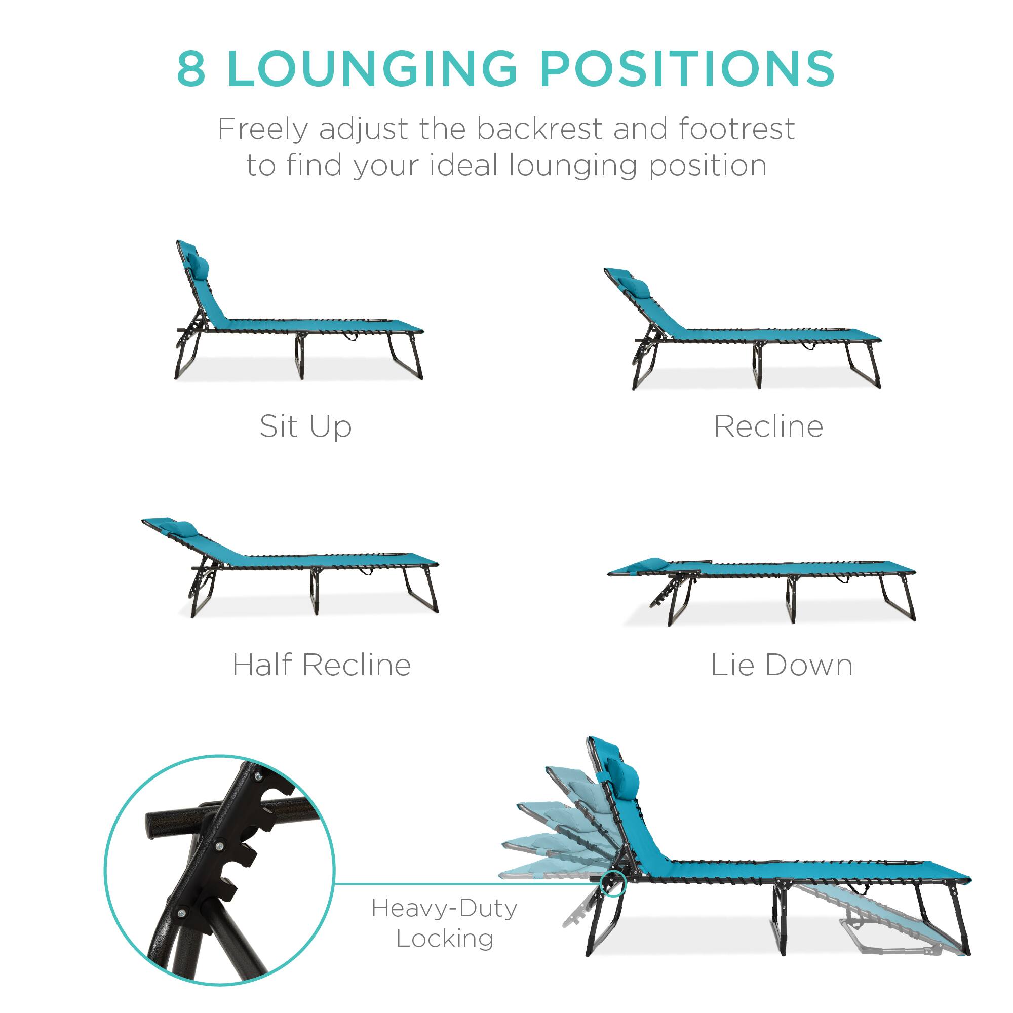 8 LOUNGING POSITIONS

Freely adjust the backrest and footrest to find your ideal lounging position

Sit Up  
Recline  
Half Recline  
Lie Down  

Heavy-Duty Locking