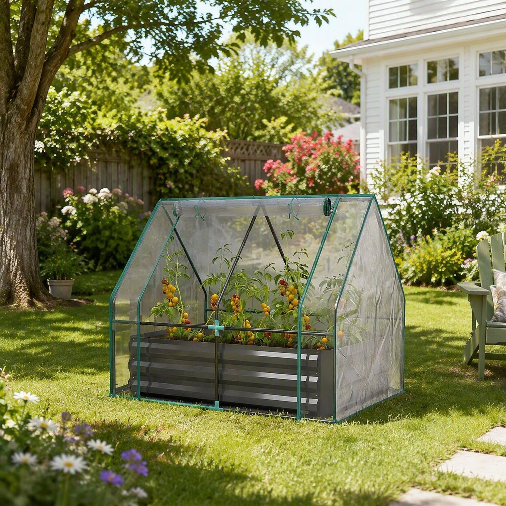 Alt View 2. RYHNUYNE - 2-in-1 Raised Garden Bed with Greenhouse Cover Galvanized Steel Planter Box with Clear PE Shield for Outdoor Patio - Clear,Dark Gray.