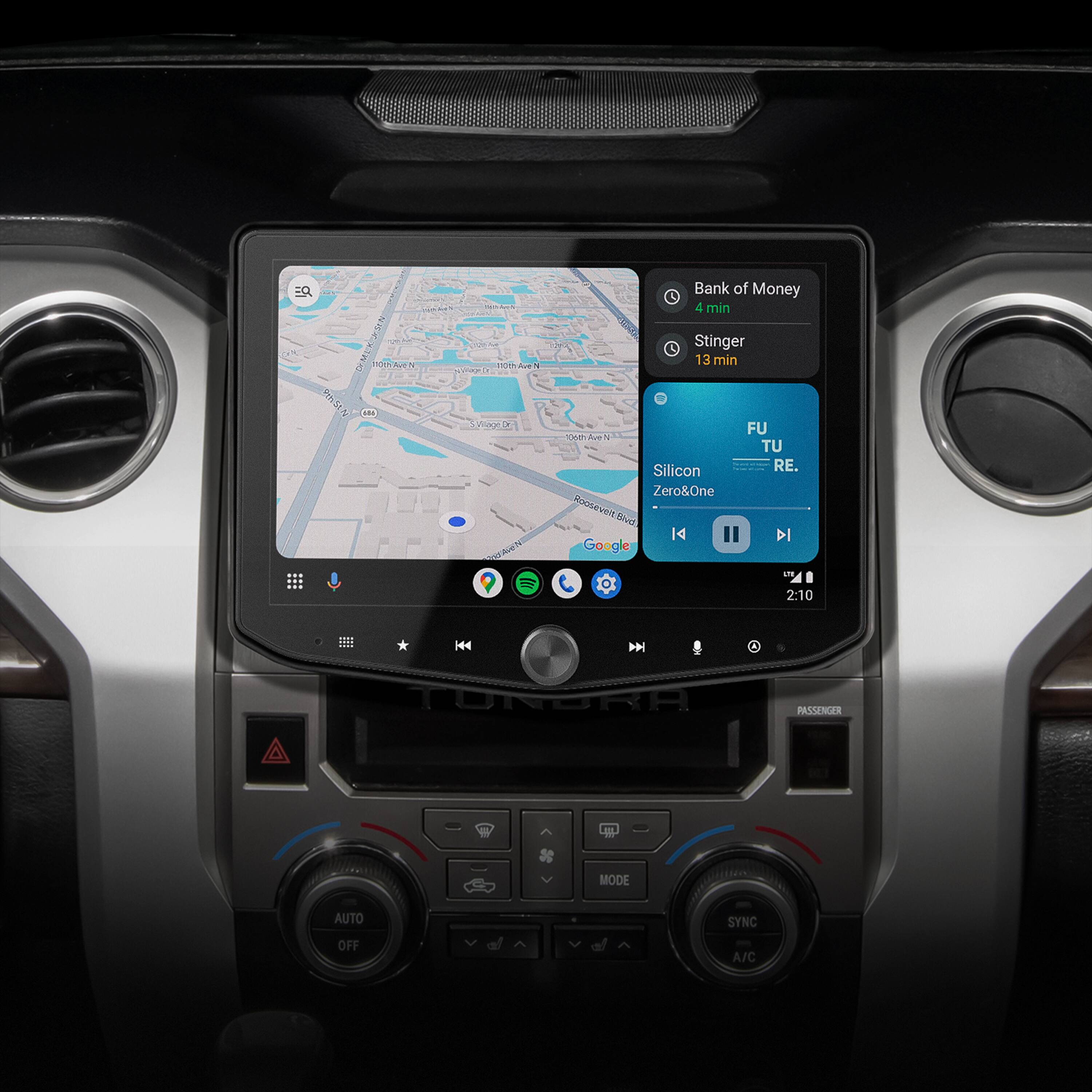 The text on the image reads:

"Bank of Money C 4 min Stinger 13 min FU eu Jue N TU Silicon RE. Zero&One Roosevelts Devd  DI Google i 2:10 1211 ... H44 TURRA PASSENCER UL MODE AUTO SYNC OFF A/C"

This text appears to be a combination of various phrases and words, possibly related to a car's navigation system or entertainment system. It is not clear what the exact meaning or purpose of this text is, but it seems to be providing information or instructions related to the car's features.