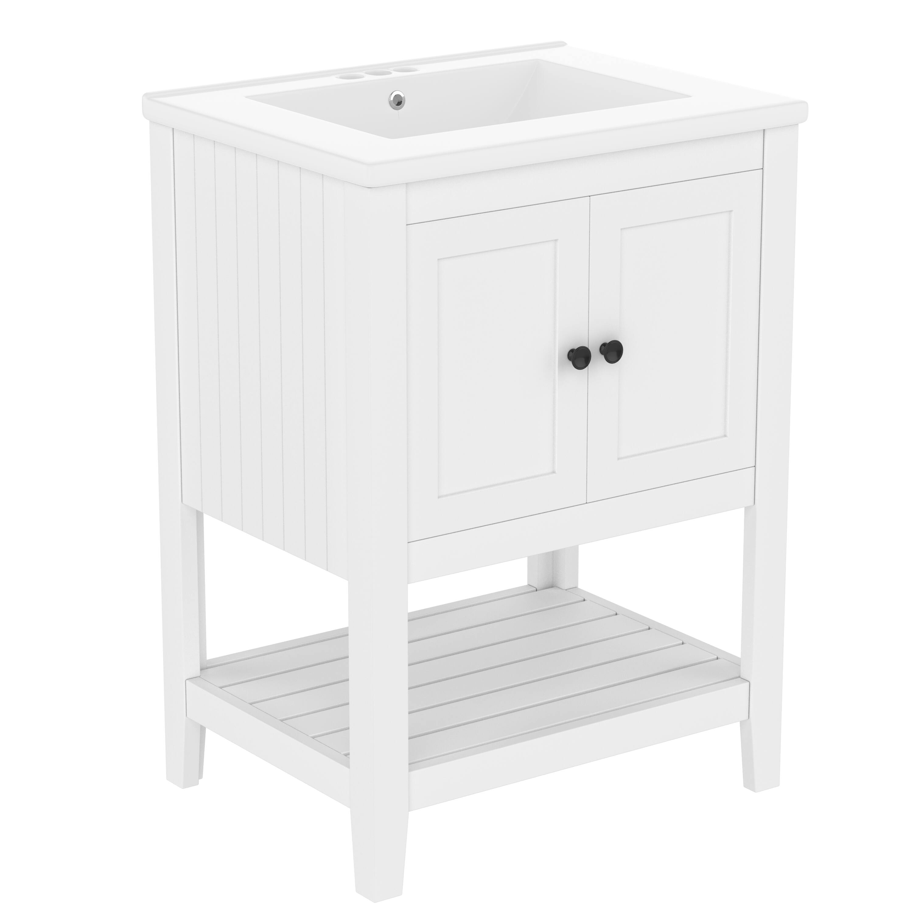 Left. Whisen - 24-Inch Freestanding Bathroom Vanity with Ceramic Sink and Open Style Shelf - White.