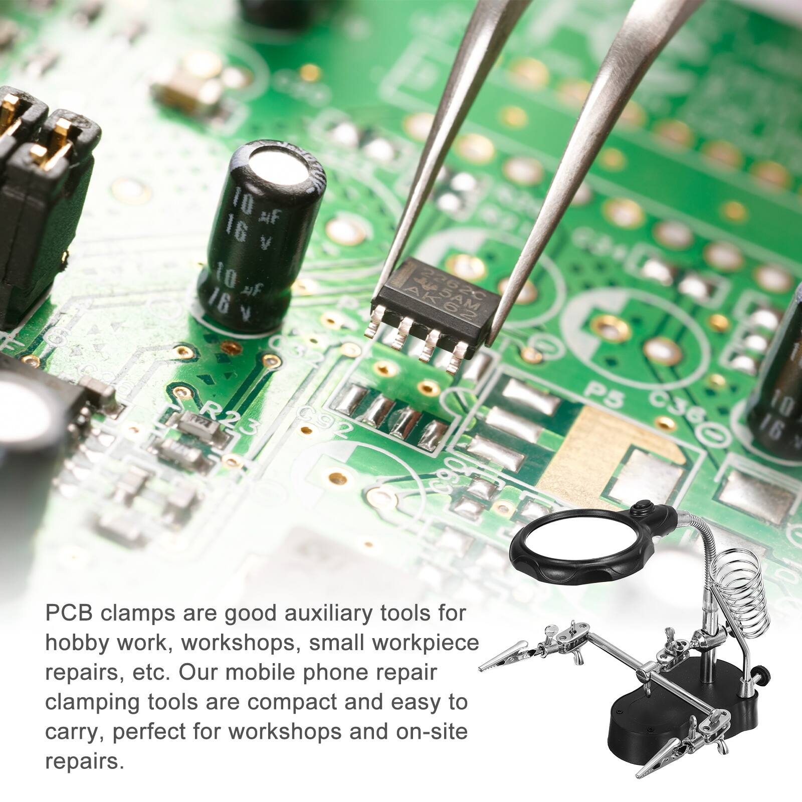 10 F 16 V 10 16 V R23 C92 AK62 2262C P5 C36 I 10

PCB clamps are good auxiliary tools for hobby work, workshops, small workpiece repairs, etc. Our mobile phone repair clamping tools are compact and easy to carry, perfect for workshops and on-site repairs.