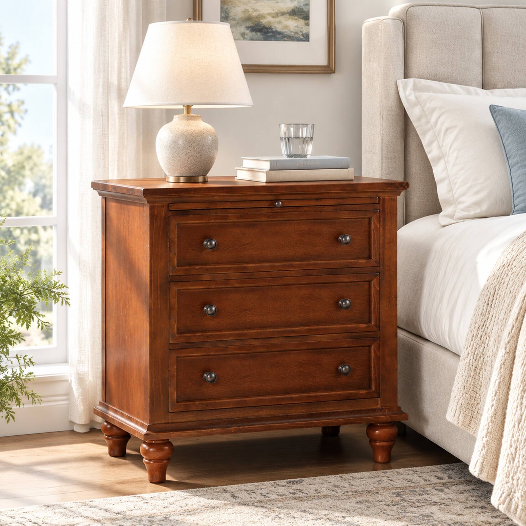 RYHNUYNE 27.6 in Nightstand, Pine Wood Veneer, 3 Drawers, Pull Out Tray ...