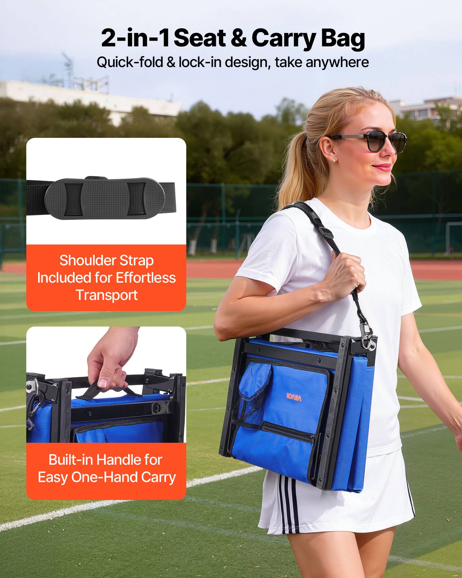 2-in-1 Seat & Carry Bag  
Quick-fold & lock-in design, take anywhere  

Shoulder Strap Included for Effortless Transport  

Built-in Handle for Easy One-Hand Carry