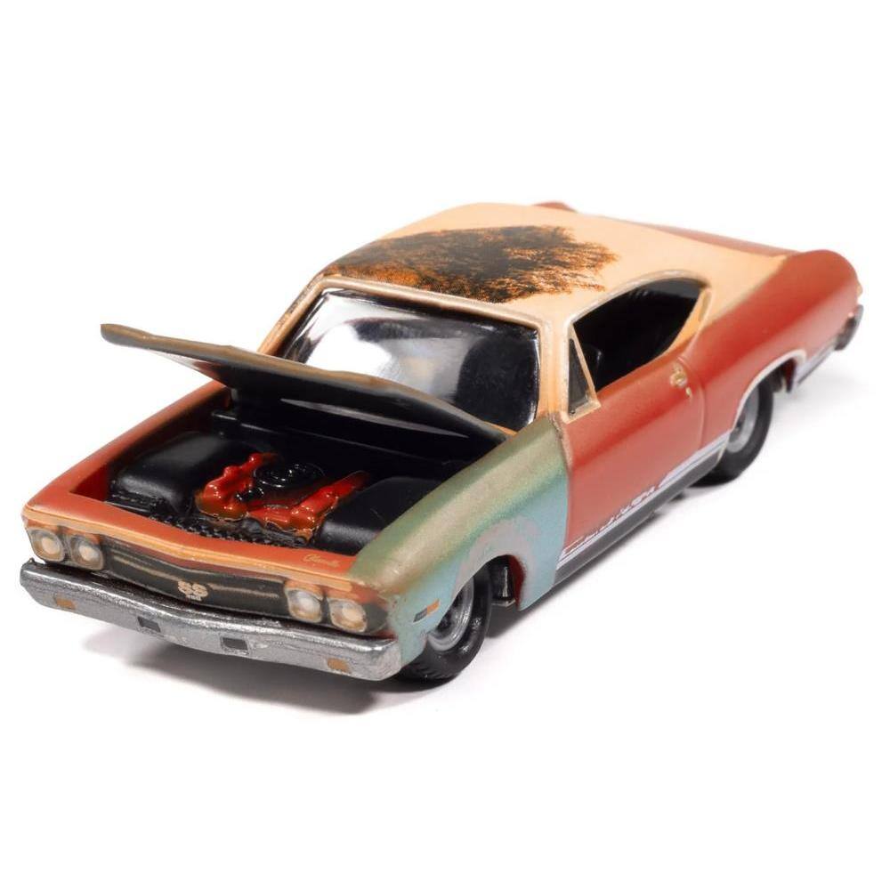 Left. Johnny Lightning - 1968 Chevrolet Chevelle SS 396 Matador Red (Weathered) "Project in Progress" Series 1/64 - Multicolor.
