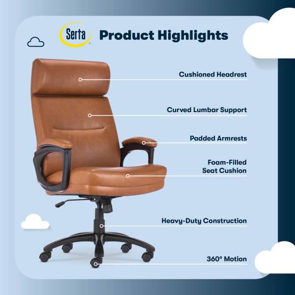 Serta Product Highlights  
- Cushioned Headrest  
- Curved Lumbar Support  
- Padded Armrests  
- Foam-Filled Seat Cushion  
- Heavy-Duty Construction  
- 360° Motion