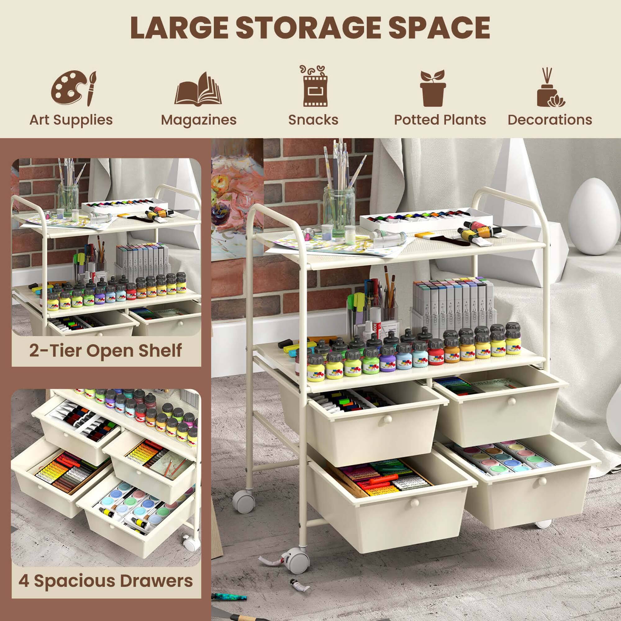 LARGE STORAGE SPACE
Art Supplies
Magazines
Snacks
Potted Plants
Decorations
2-Tier Open Shelf
4 Spacious Drawers