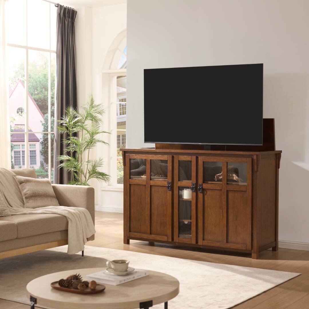 Angle. Touchstone Home Products - The Bungalow by Touchstone - Smart Motorized TV Lift Cabinet for Flat Screen TVs up to 65 Inches - Mission Chestnut.