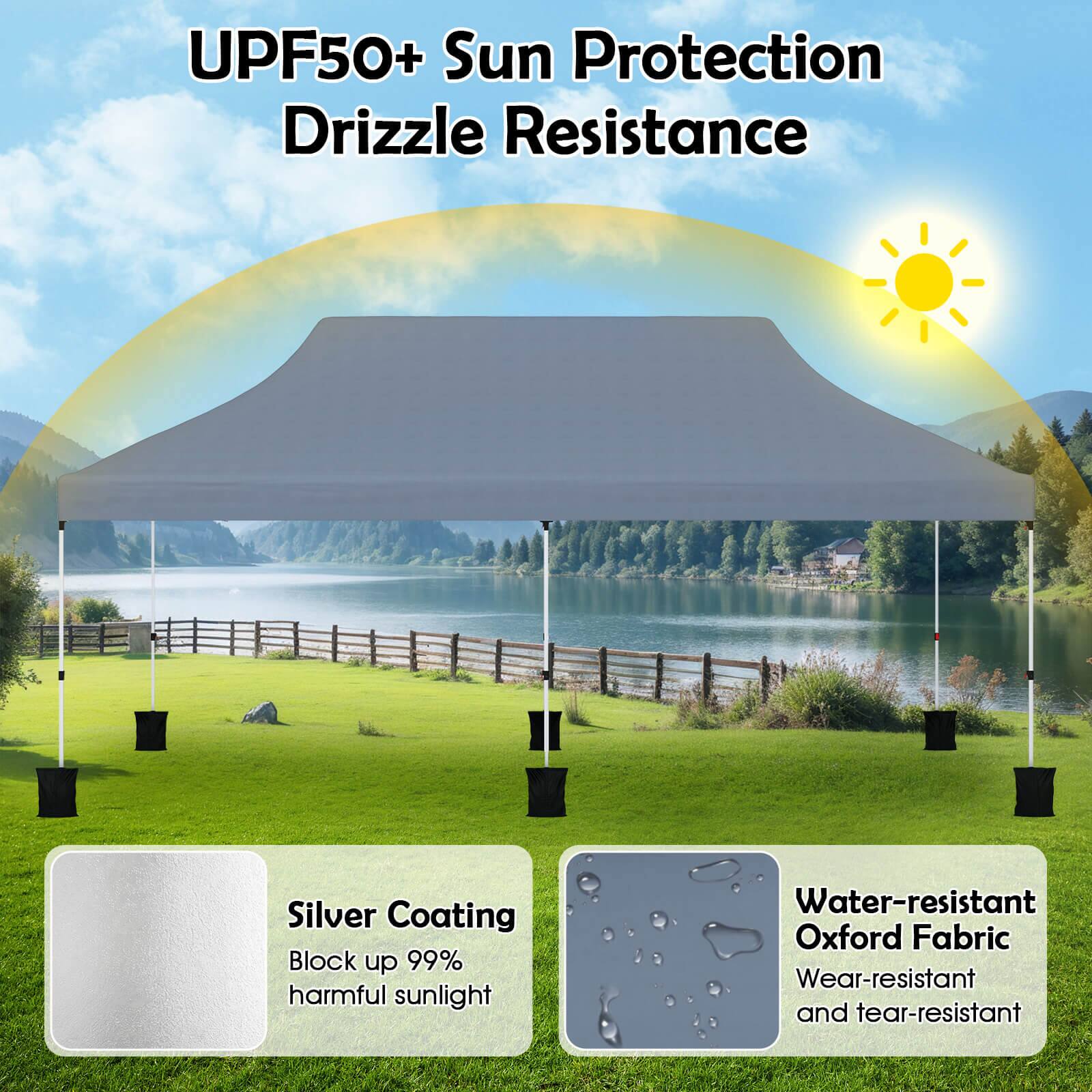 UPF50+ Sun Protection  
Drizzle Resistance  

Silver Coating  
Block up 99% harmful sunlight  

Water-resistant Oxford Fabric  
Wear-resistant and tear-resistant