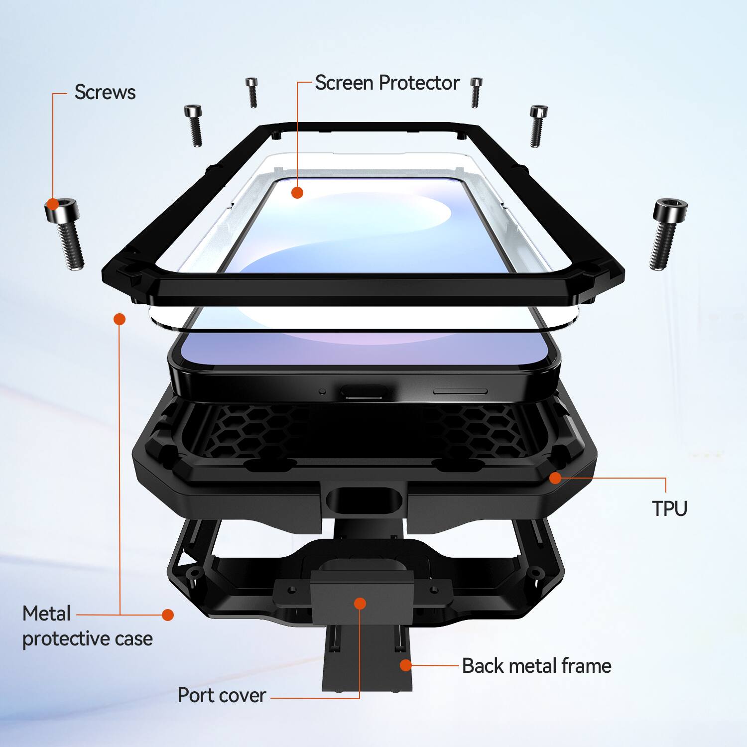 Screws, Screen Protector, TPU, Metal protective case, Port cover, Back metal frame