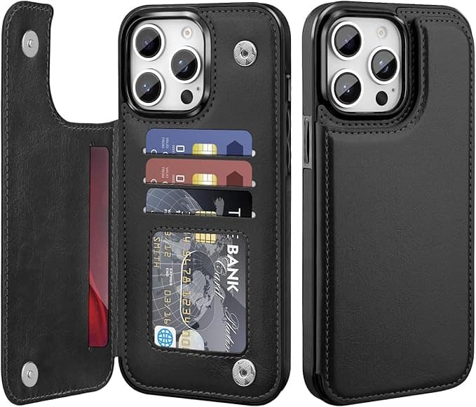 Gravity Ridge - for iPhone 16 Pro Max Wallet Case with Card Holder, PU Leather Kickstand Card Slots Drop Protective Shockproof Cover - Black