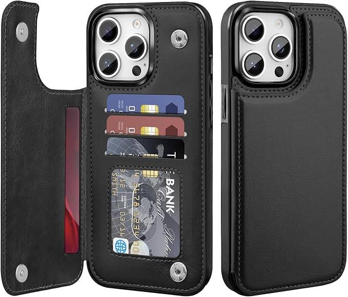 Gravity Ridge - for iPhone 16 Pro Max Wallet Case with Card Holder, PU Leather Kickstand Card Slots Drop Protective Shockproof Cover - Black