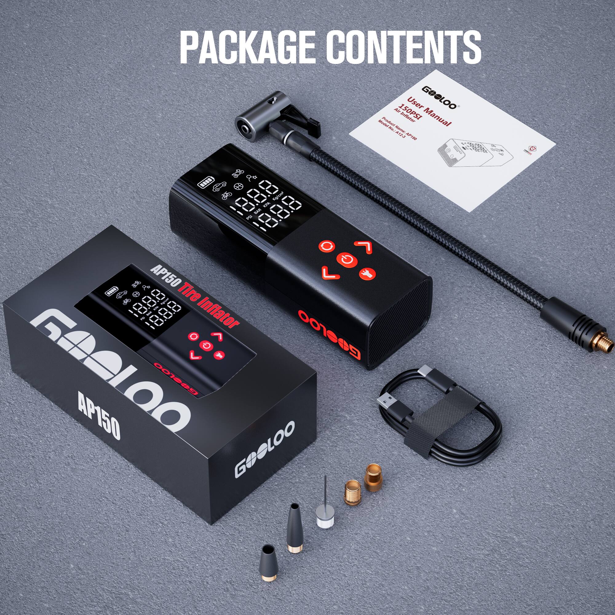 PACKAGE CONTENTS

- 1 x 150PSI Tire Inflator - AP150
- 1 x User Manual
- 2 x Nozzle Adapters
- 1 x Carrying Strap