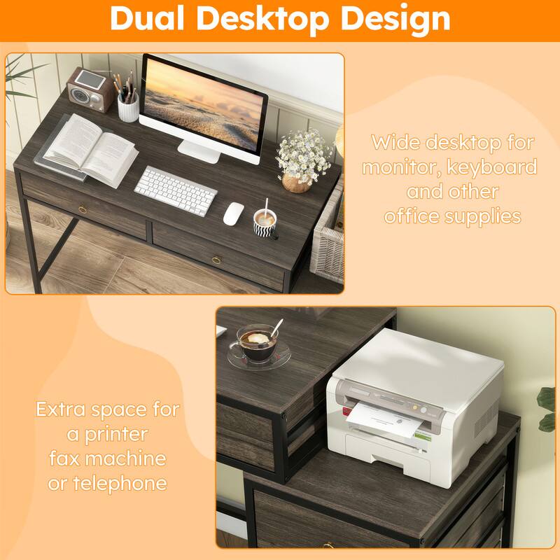 Dual Desktop Design

Wide desktop for monitor, keyboard and other office supplies

Extra space for a printer fax machine or telephone
