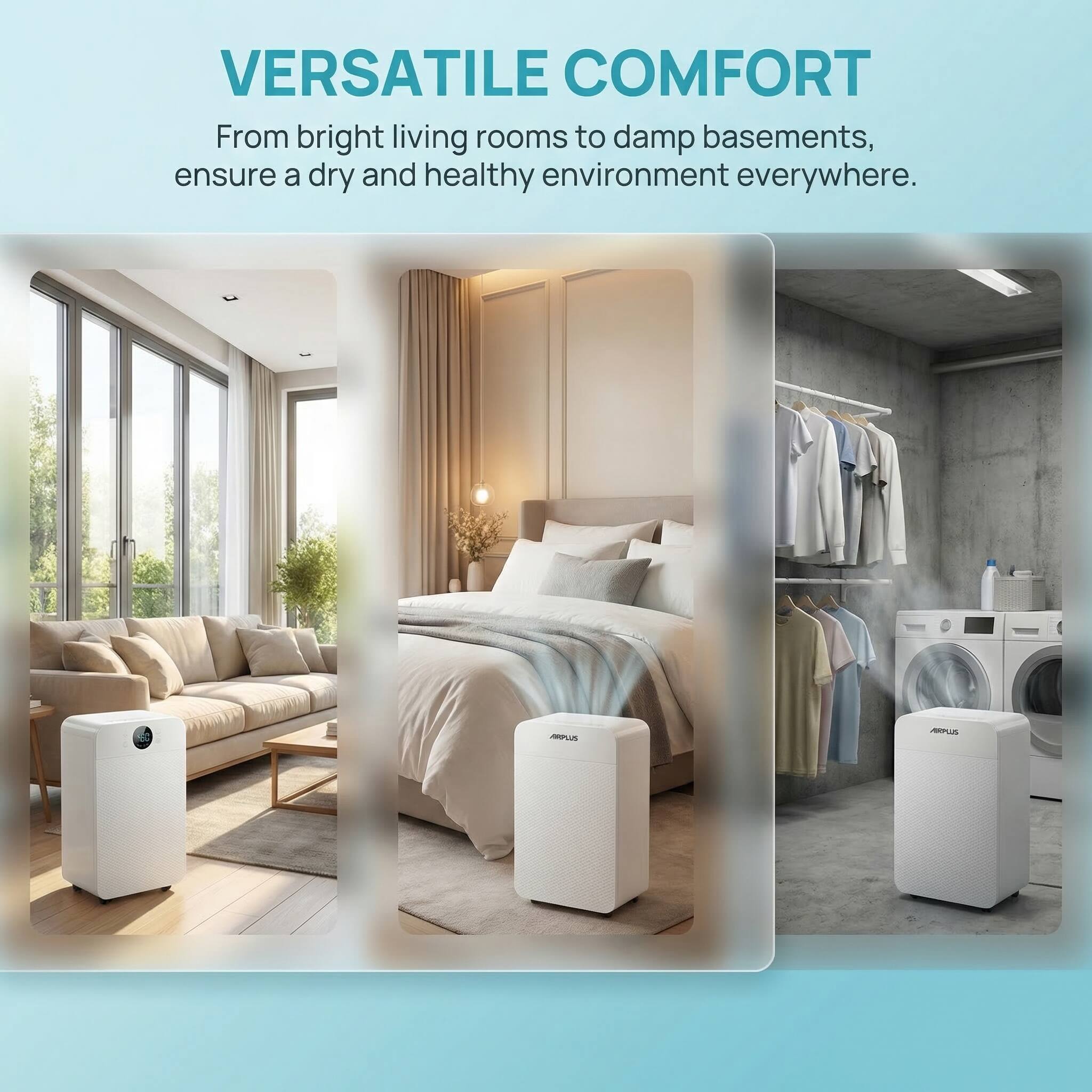 VERSATILE COMFORT  
From bright living rooms to damp basements, ensure a dry and healthy environment everywhere.