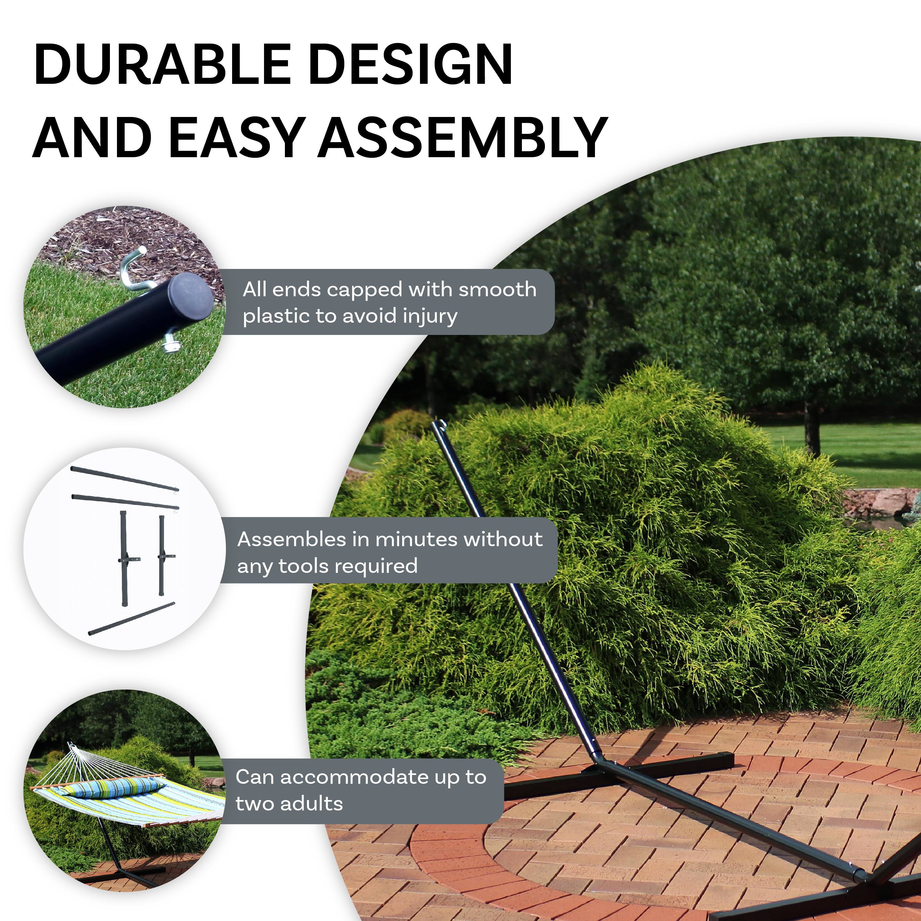 DURABLE DESIGN AND EASY ASSEMBLY

- All ends capped with smooth plastic to avoid injury
- Assembles in minutes without any tools required
- Can accommodate up to two adults