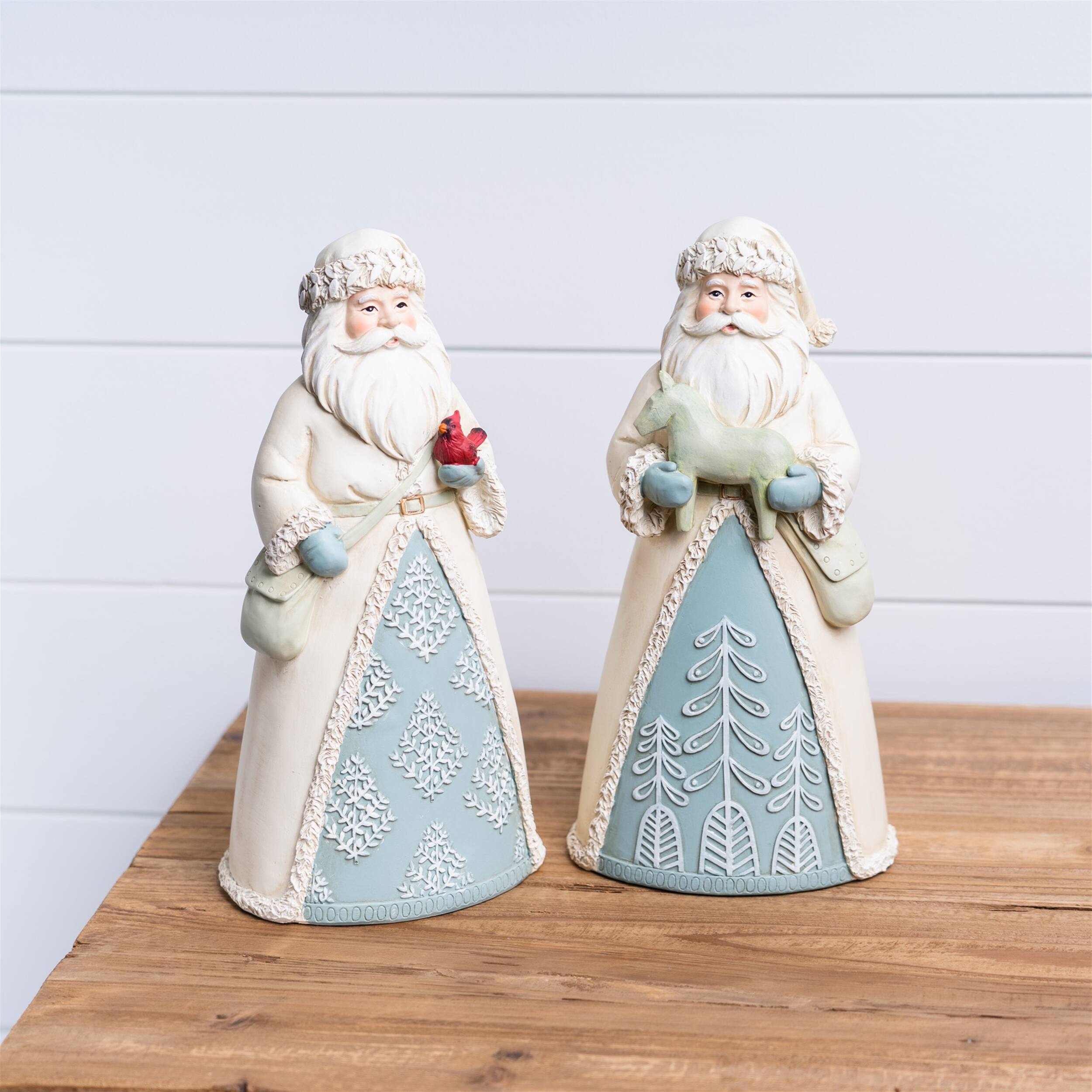 Angle. BreeBe - Winter Santa Figurine (Set of 2) - Cream, Red, Green.
