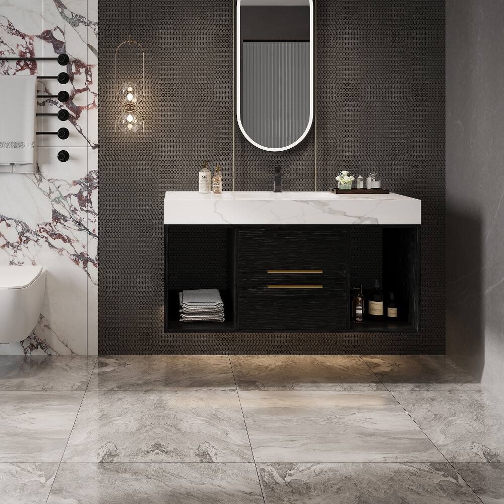 Angle. Loheer - Loheer 39.4 inch floating bathroom vanity Wall Mounted Cabinet with Ceramic Sink Sintered Stone Top - White/Black.