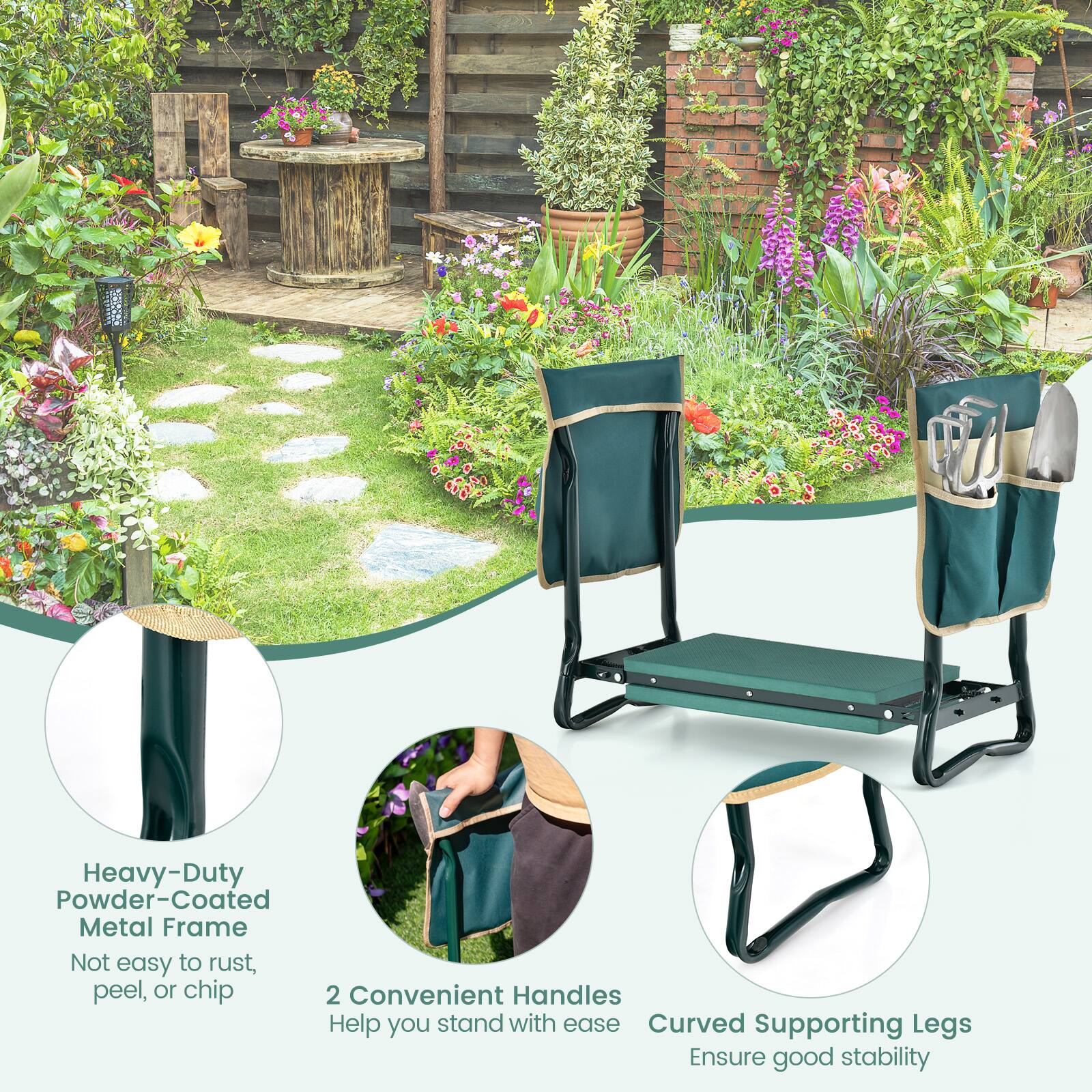 Heavy-Duty Powder-Coated Metal Frame  
Not easy to rust, peel, or chip  

2 Convenient Handles  
Help you stand with ease  

Curved Supporting Legs  
Ensure good stability