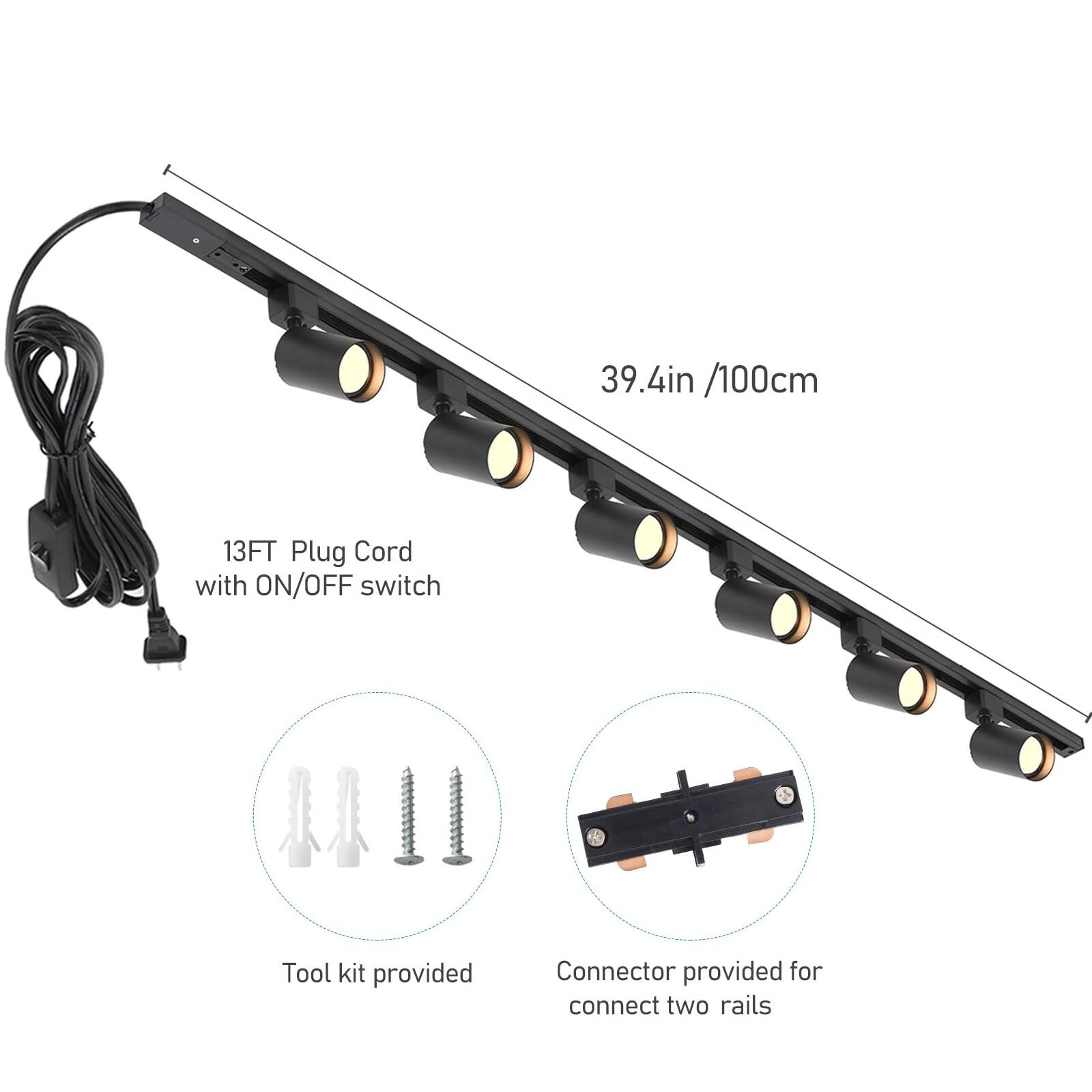 39.4in / 100cm  
13FT Plug Cord with ON/OFF switch  
Tool kit provided  
Connector provided for connecting two rails