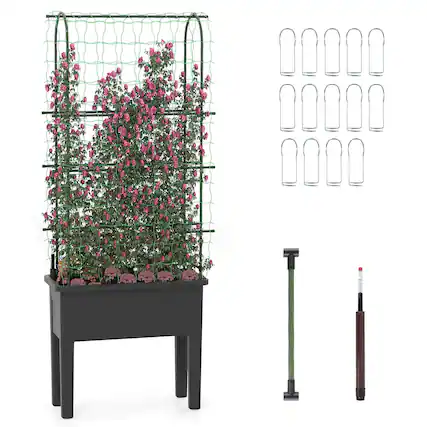Front. Costway - Costway Raised Garden Bed Planter Box with Climbing Trellis Water Level Indicator - Gray.