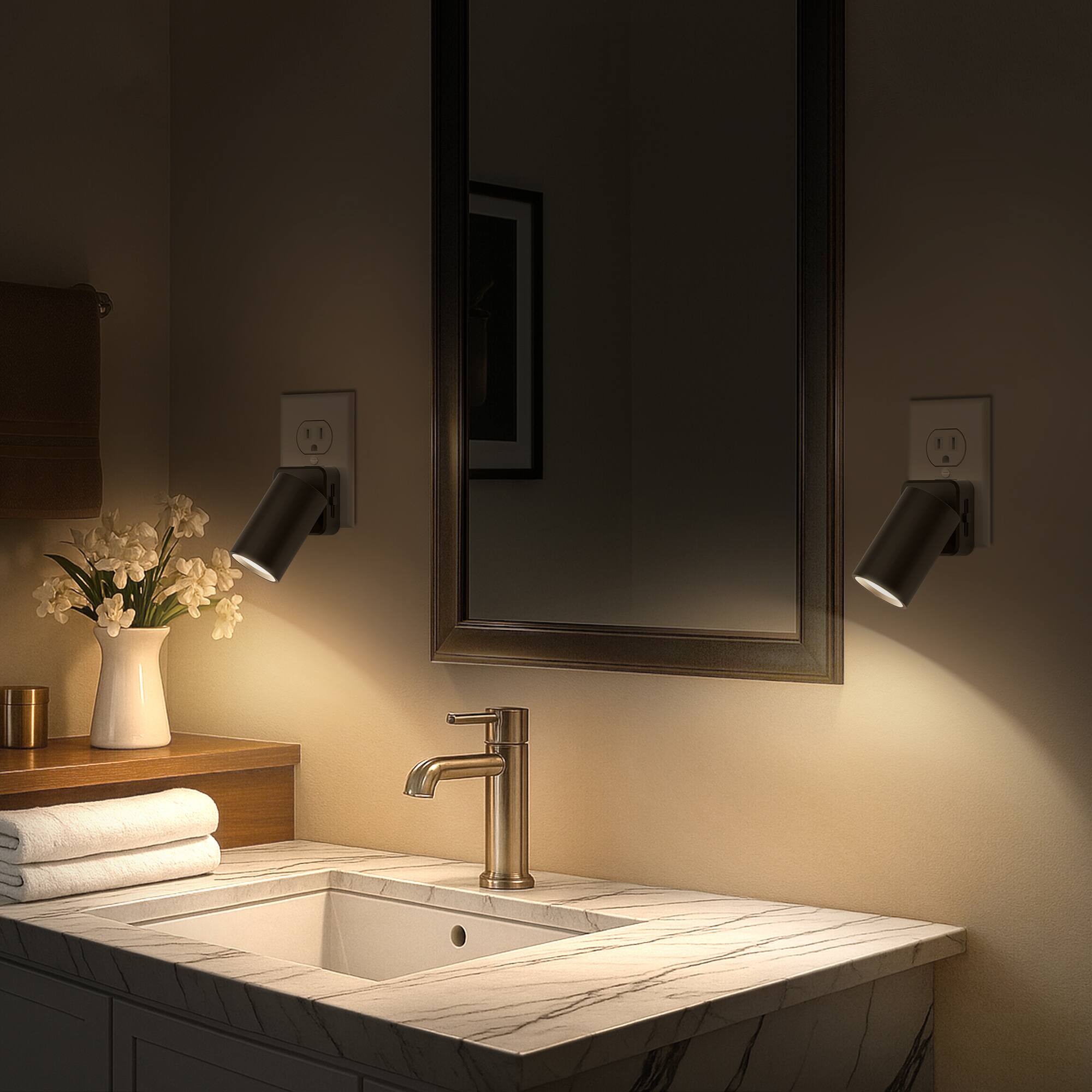 Alt View 3. Jandcase - JANDCASE 2-Pack 1W  Plug-in Night Light, 3000K Warm Glow, Rotatable Round Cylinder Design, Slide Dimmer, US 3-Prong Plug - Black.