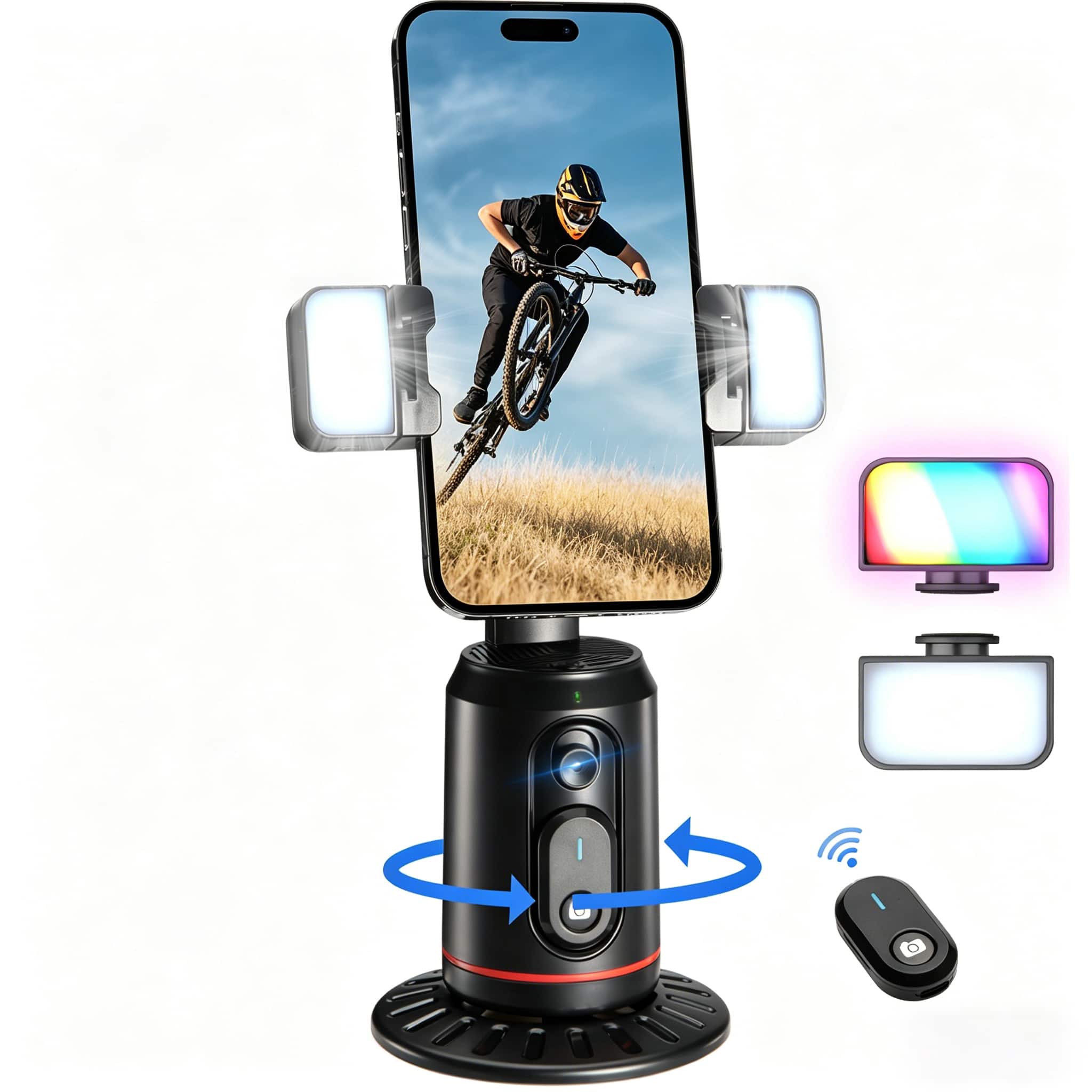 PRIMEPLUS - Auto Face Tracking 360° Rotating Phone Tripod with Rechargeable Remote & Light for Live Vlog Streaming - Black