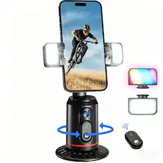 Front. PRIMEPLUS - Auto Face Tracking 360° Rotating Phone Tripod with Rechargeable Remote & Light for Live Vlog Streaming - Black.