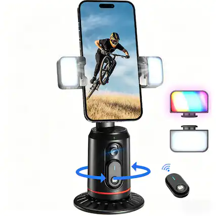 Front. PRIMEPLUS - Auto Face Tracking 360° Rotating Phone Tripod with Rechargeable Remote & Light for Live Vlog Streaming - Black.