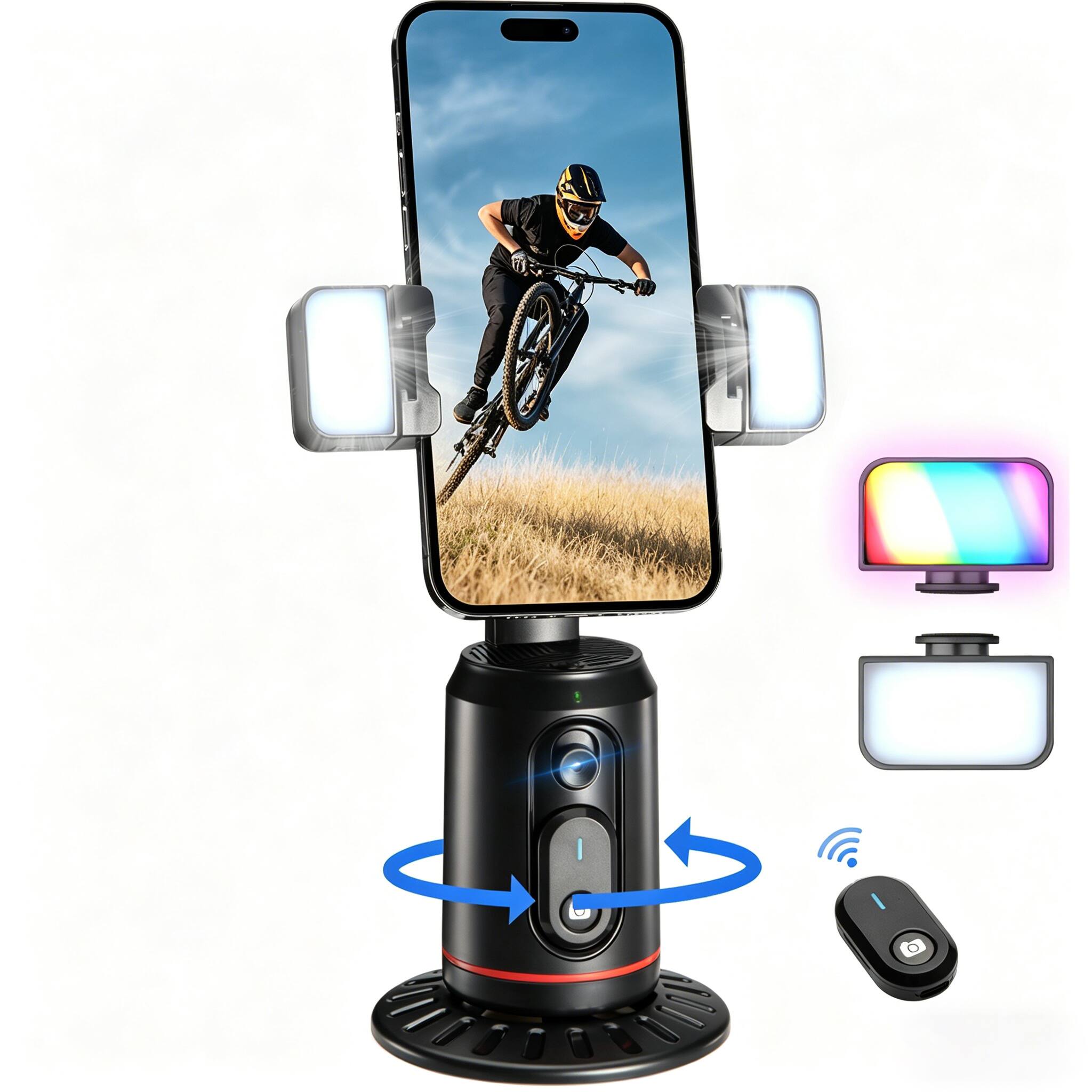 Front. PRIMEPLUS - Auto Face Tracking 360° Rotating Phone Tripod with Rechargeable Remote & Light for Live Vlog Streaming - Black.