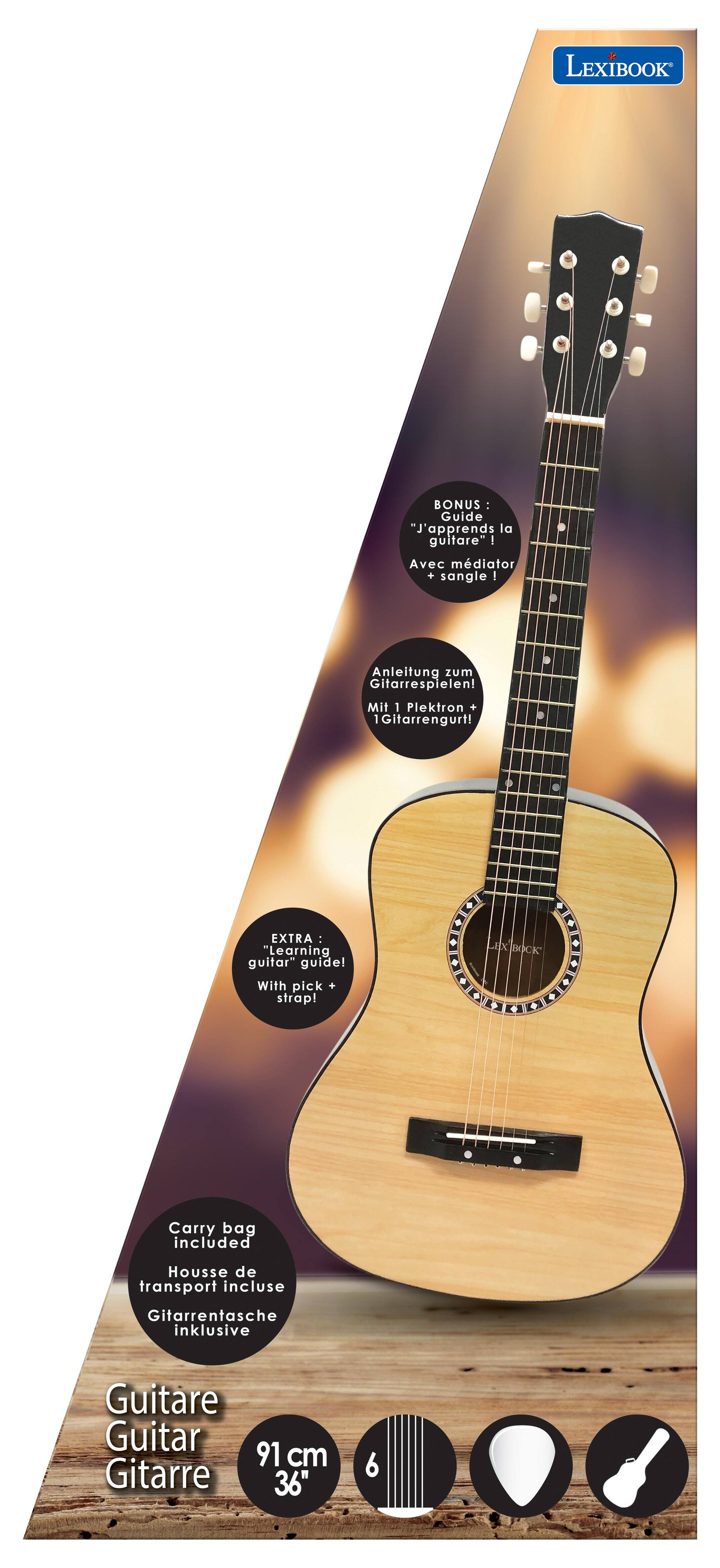 LEXIBOOK

BONUS: Guide "J'apprends la guitare" Avec plectre + sangle
Anleitung zum Gitarrespielen! Mit 1 Plectron + 1 Gitarrengurt!
EXTRA: "Learning guitar guide! With pick + strap!

BX BOCK

Carry bag included
Housse de transport incluse
Gitarrenflasche inklusive

Guitare
Guitar
Gitarre

91 cm
36"