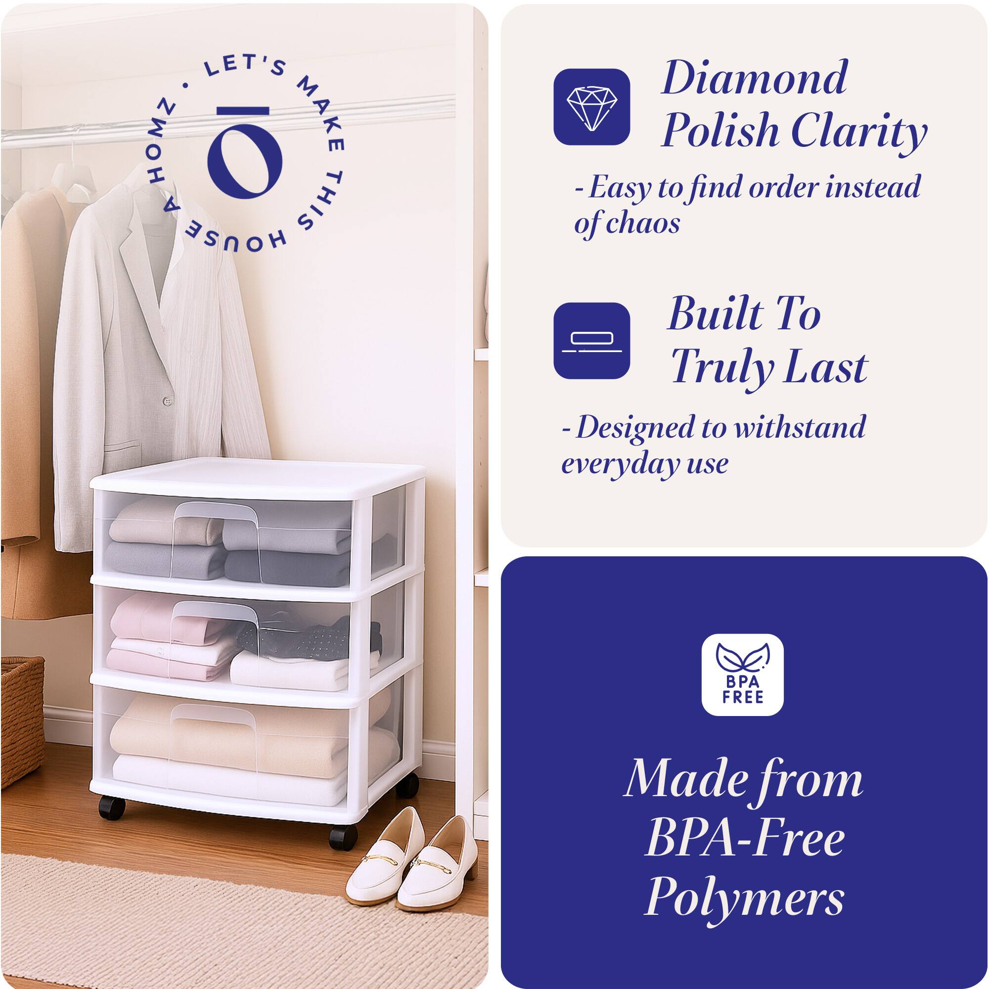 LET'S MAKE THIS HOUSE

- Diamond Polish Clarity
  - Easy to find order instead of chaos

- Built To Truly Last
  - Designed to withstand everyday use

- Made from BPA-Free Polymers