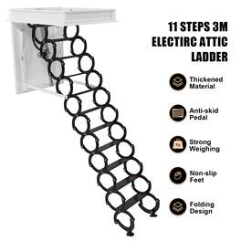 Topteng - 11-Step Electric Attic Ladder with Remote-Aluminum Folding, 500lb Capacity, Silent Hydraulic Motor for Loft Access - Black
