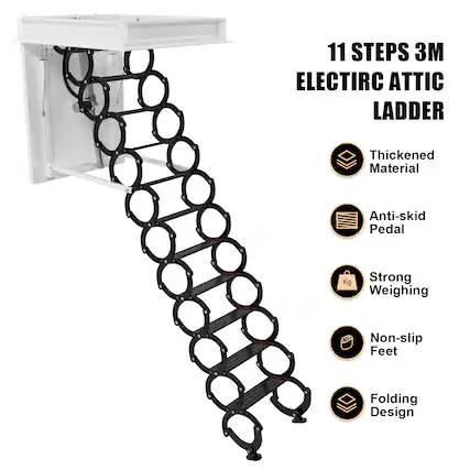 11 STEPS 3M ELECTRIC ATTIC LADDER
- Thickened Material
- Anti-skid Pedal
- Strong Weighing
- Non-slip Feet
- Folding Design