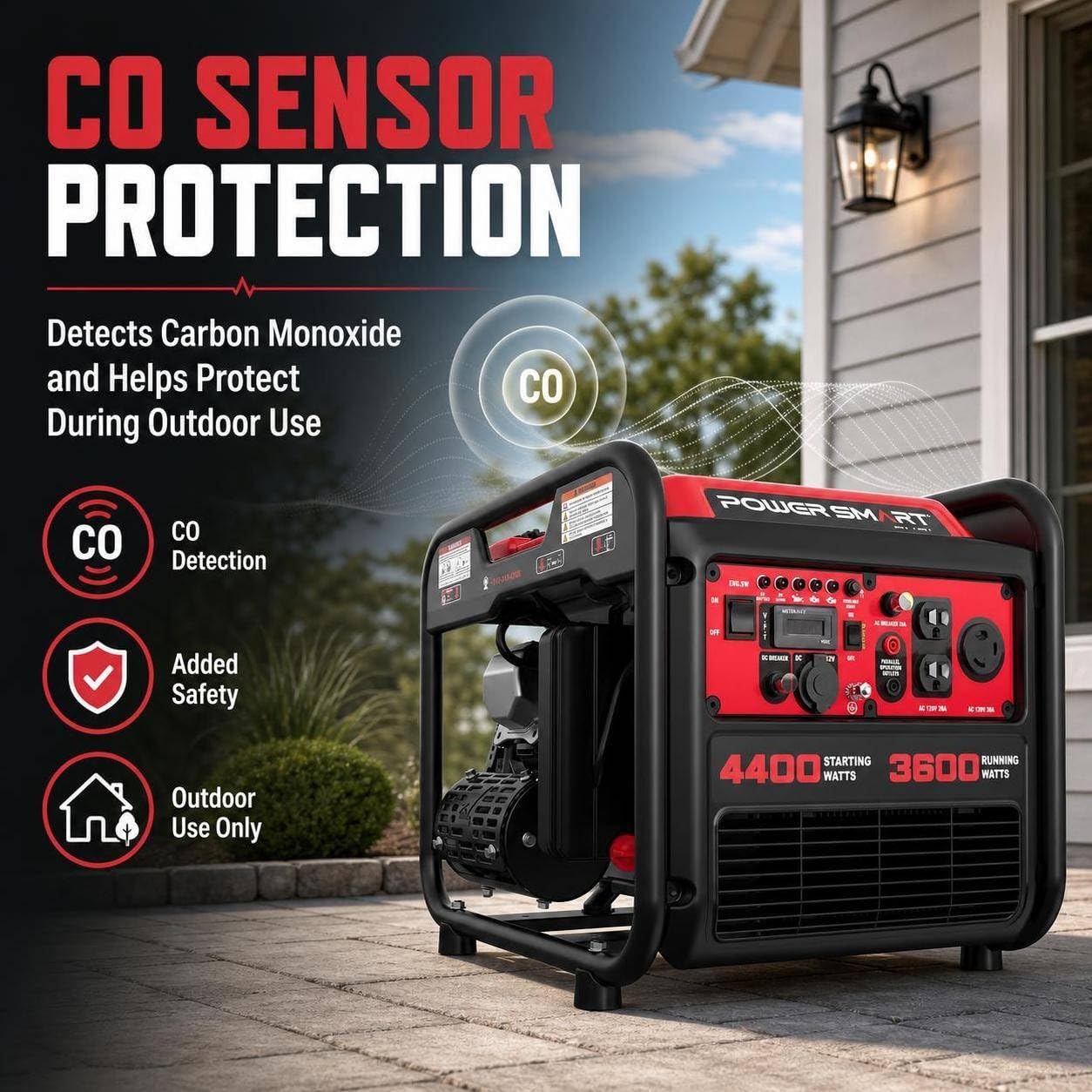 CO SENSOR PROTECTION  
Detects Carbon Monoxide and Helps Protect During Outdoor Use

CO Detection  
Added Safety  
Outdoor Use Only

POWER SMART  
4400 STARTING WATTS  
3600 RUNNING WATTS