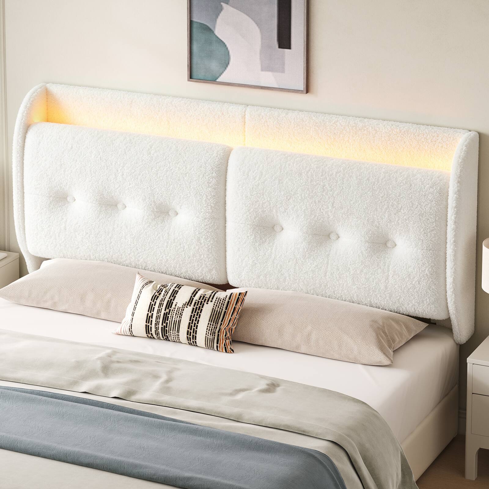 Angle. Pinmoco - LED Upholstered Headboard with Storage Shelves, USB Ports - Off-white.
