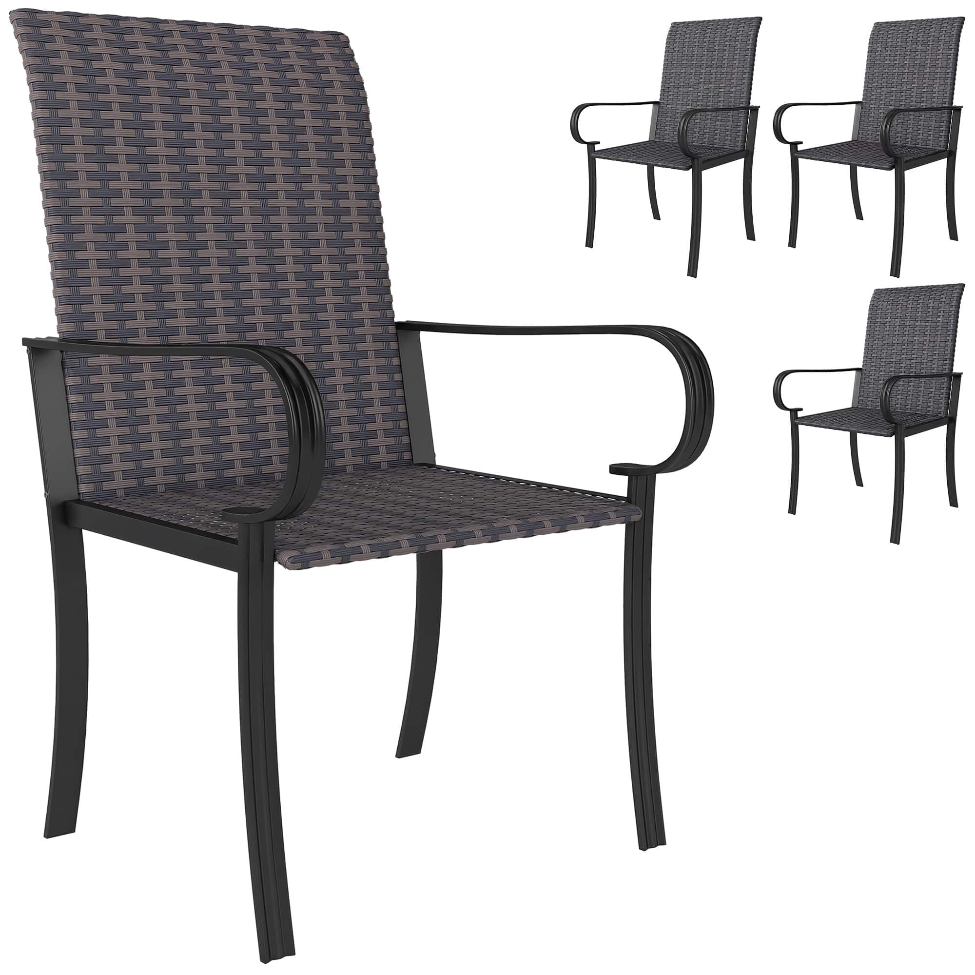 Front. Outsunny - of 4 Outdoor Wicker Dining Chairs with Armrest, Steel Frame - Brown.