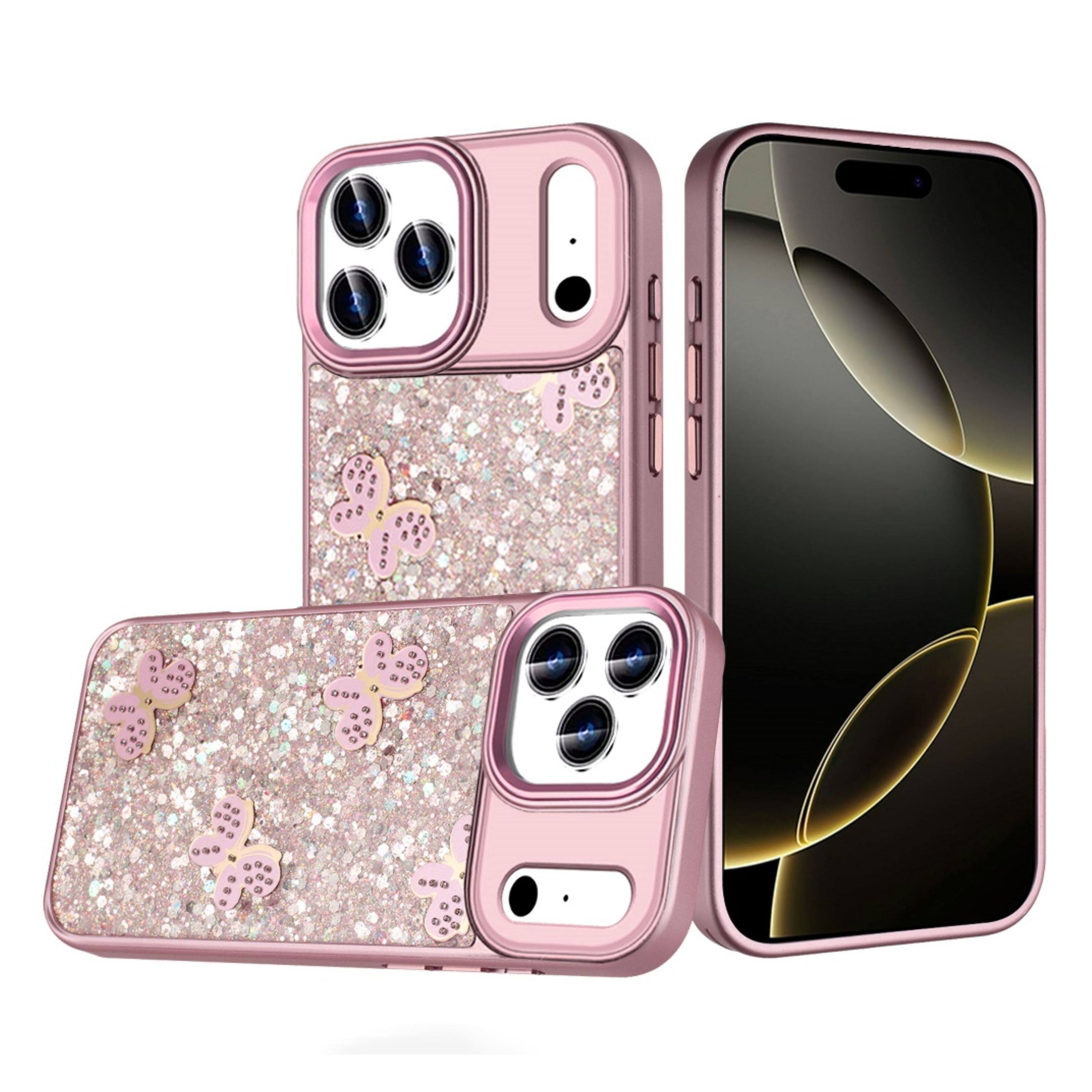 Front. Kitcheniva - Full Glitter Flakes Butterflies Phone Case With Tempered Glass For iPhone 17 Pro Max Pink - Pink.