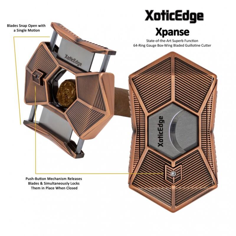 Blades Snap Open with a Single Motion

XoticEdge Xpanse
State-of-the-Art Superb Function
64-Ring Gauge Box-Wing Bladed Guillotine Cutter

XoticEdge Push-Button Mechanism Releases Blades & Simultaneously Locks Them in Place When Closed
