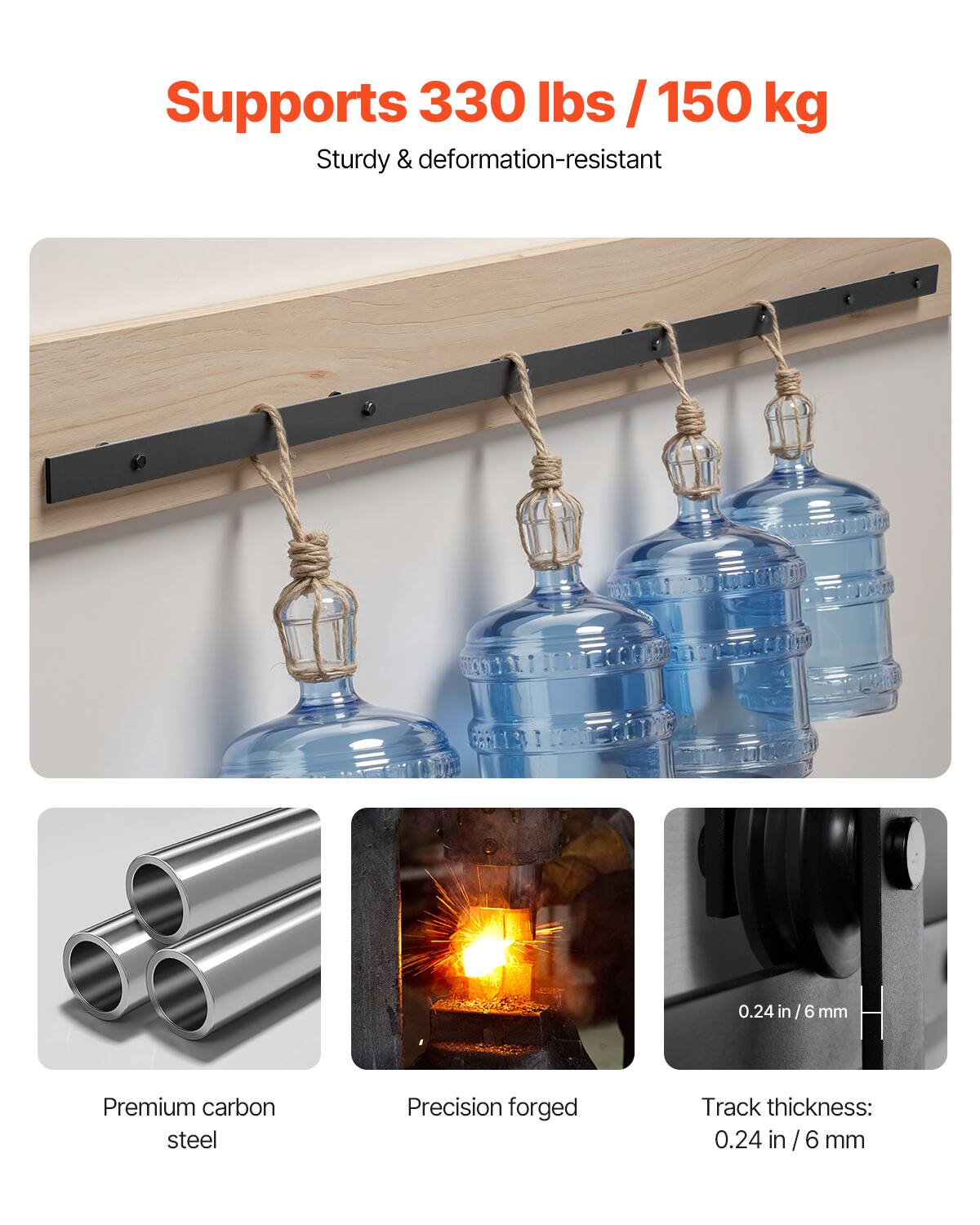 Supports 330 lbs / 150 kg  
Sturdy & deformation-resistant  

Premium carbon steel  
Precision forged  
Track thickness: 0.24 in / 6 mm