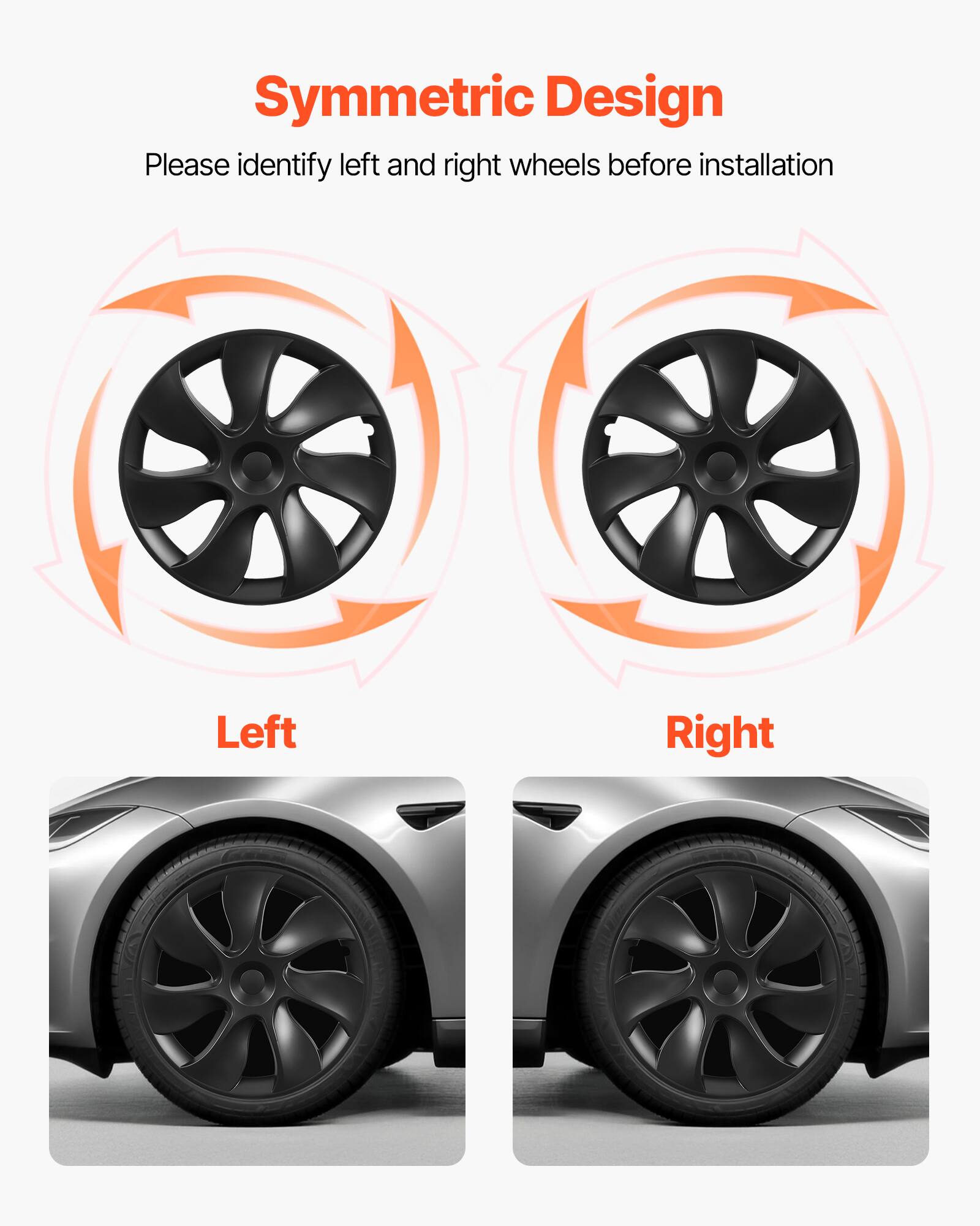 Symmetric Design  
Please identify left and right wheels before installation

Left  
Right