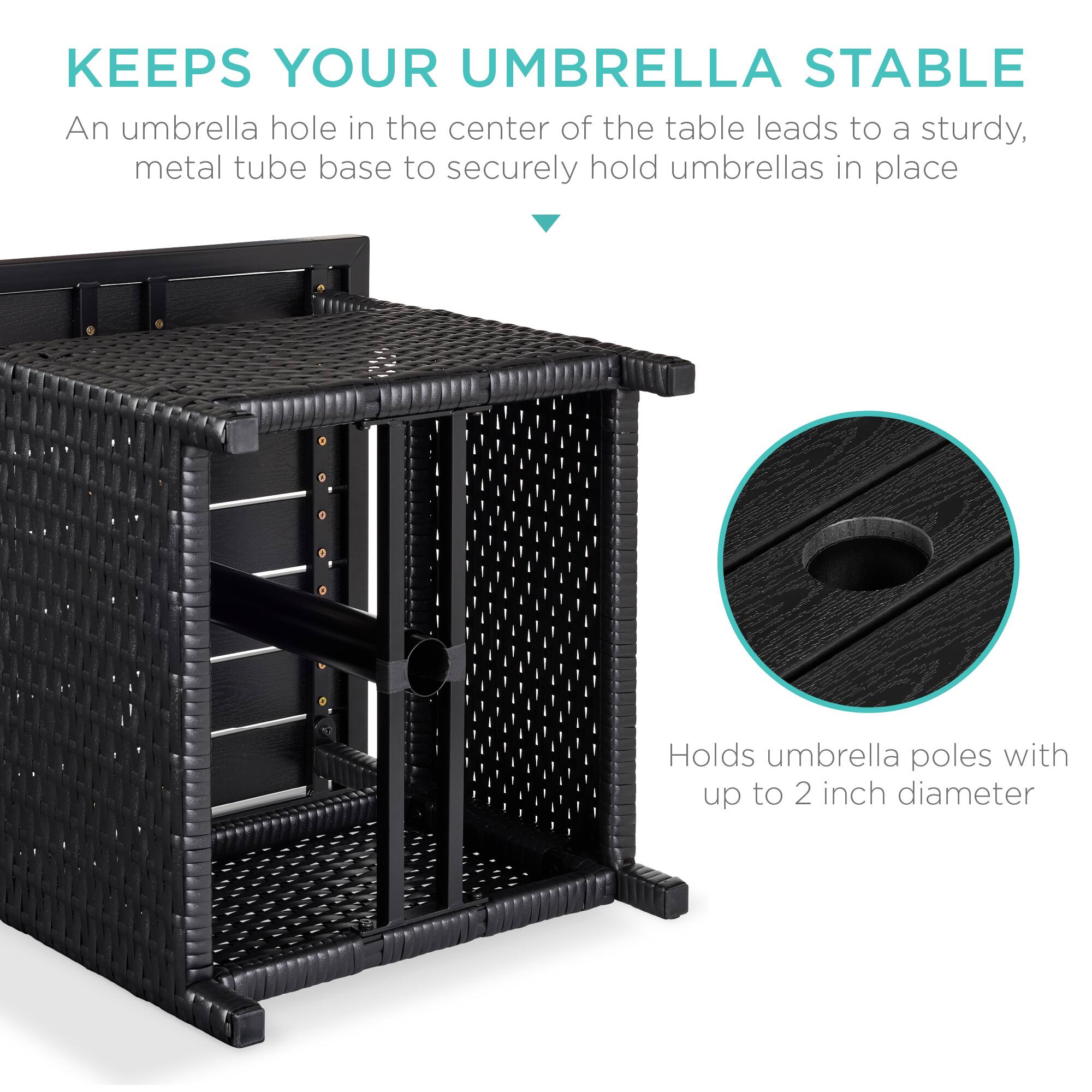 **KEEPS YOUR UMBRELLA STABLE**

An umbrella hole in the center of the table leads to a sturdy, metal tube base to securely hold umbrellas in place.

Holds umbrella poles with up to 2 inch diameter.